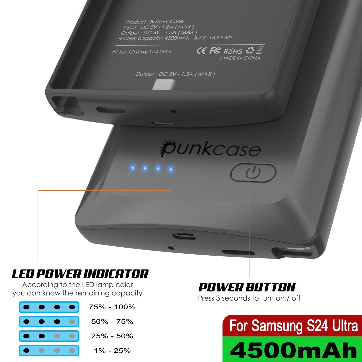 PunkJuice S24 Ultra Battery Case Grey - Portable Charging Power Juice Bank with 4500mAh