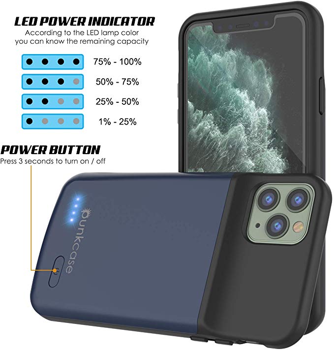 iPhone 11 Pro Max Battery Case, PunkJuice 5000mAH Fast Charging Power Bank W/ Screen Protector | [Blue]
