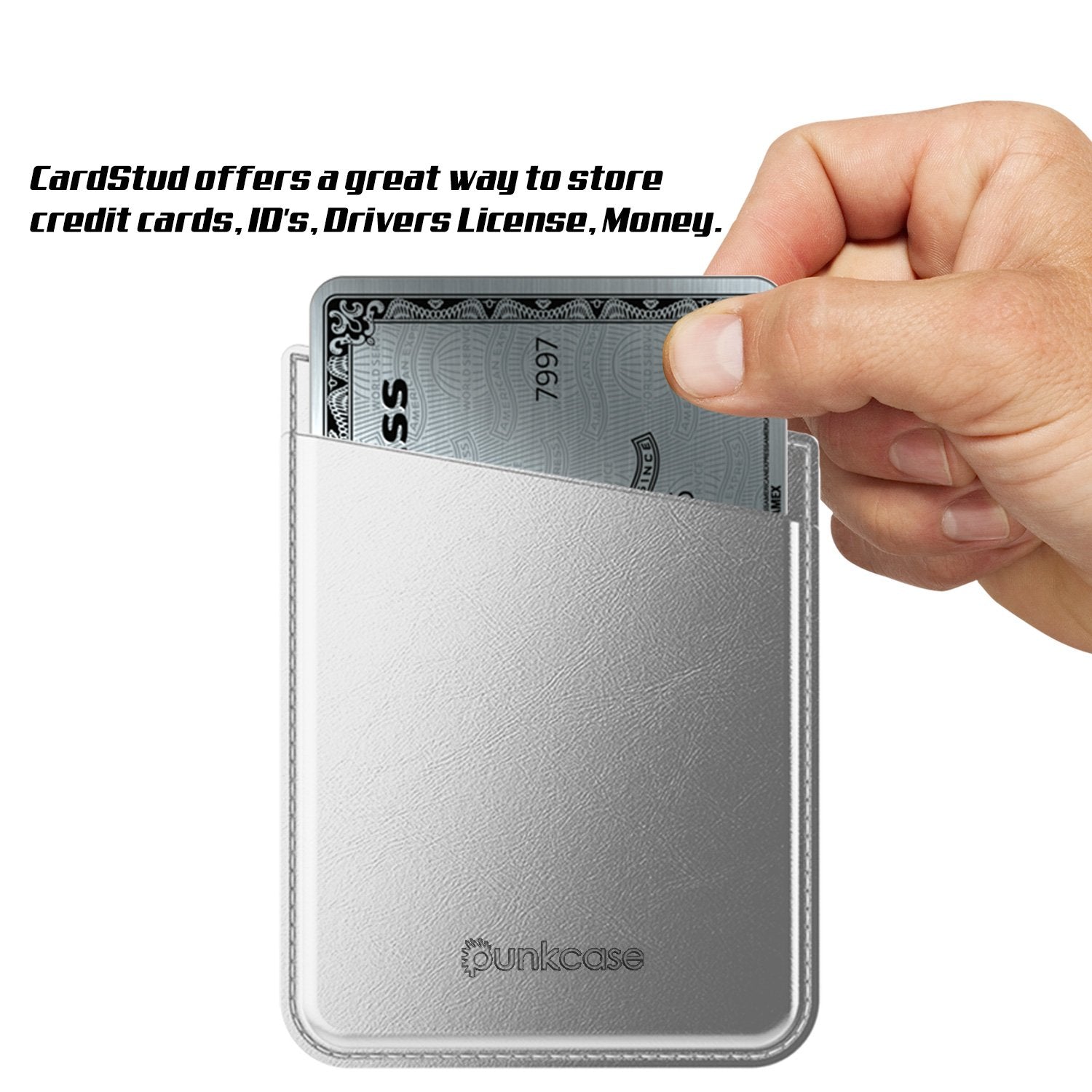 PunkCase CardStud Deluxe Stick On Wallet | Adhesive Card Holder Attachment for Back of iPhone, Android & More | Leather Pouch | [Silver]