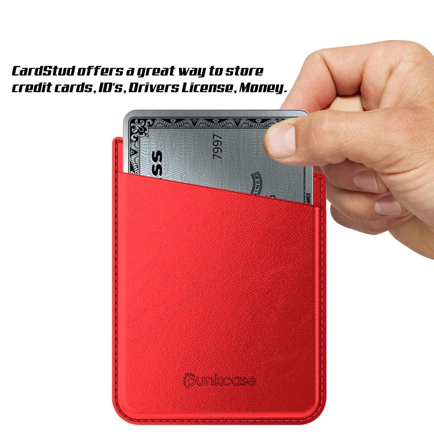 PunkCase CardStud Deluxe Stick On Wallet | Adhesive Card Holder Attachment for Back of iPhone, Android & More | Leather Pouch | [Red]