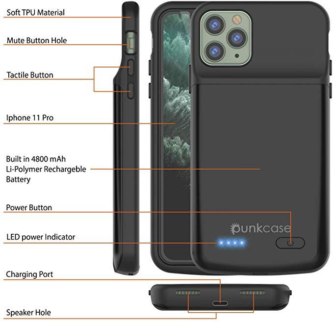 iPhone 11 Pro Battery Case, PunkJuice 5000mAH Fast Charging Power Bank W/ Screen Protector | [Black]