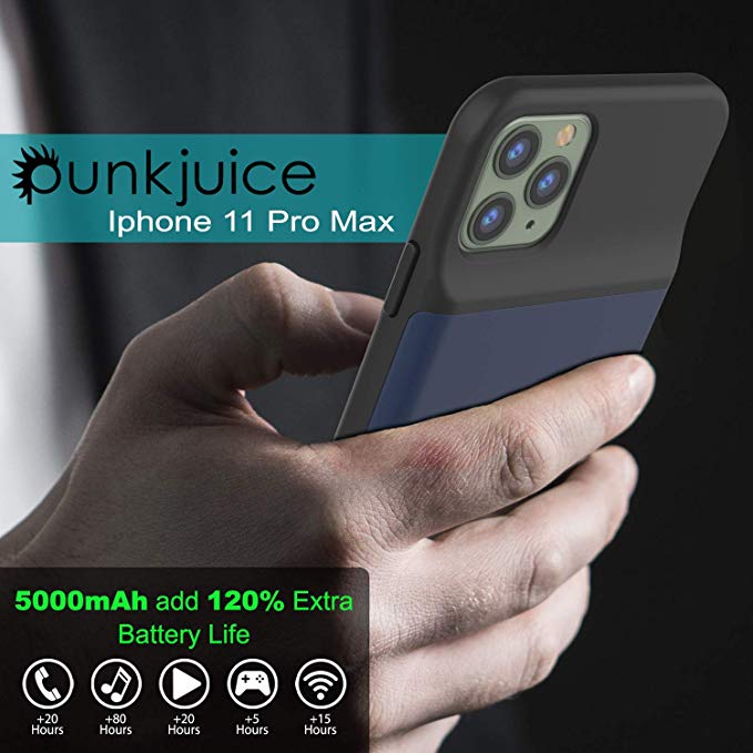 iPhone 11 Pro Max Battery Case, PunkJuice 5000mAH Fast Charging Power Bank W/ Screen Protector | [Blue]