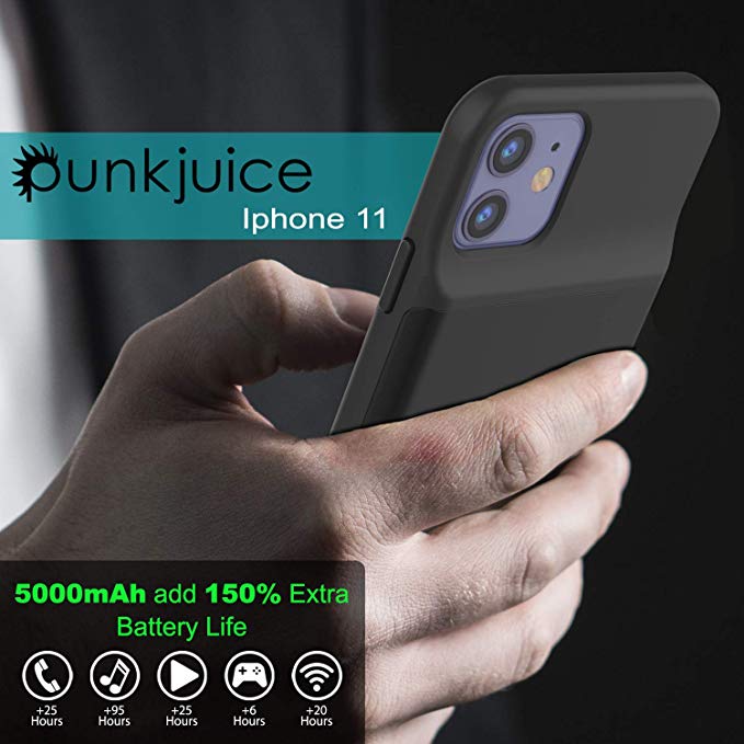 iPhone 11 Battery Case, PunkJuice 5000mAH Fast Charging Power Bank W/ Screen Protector | [Black]