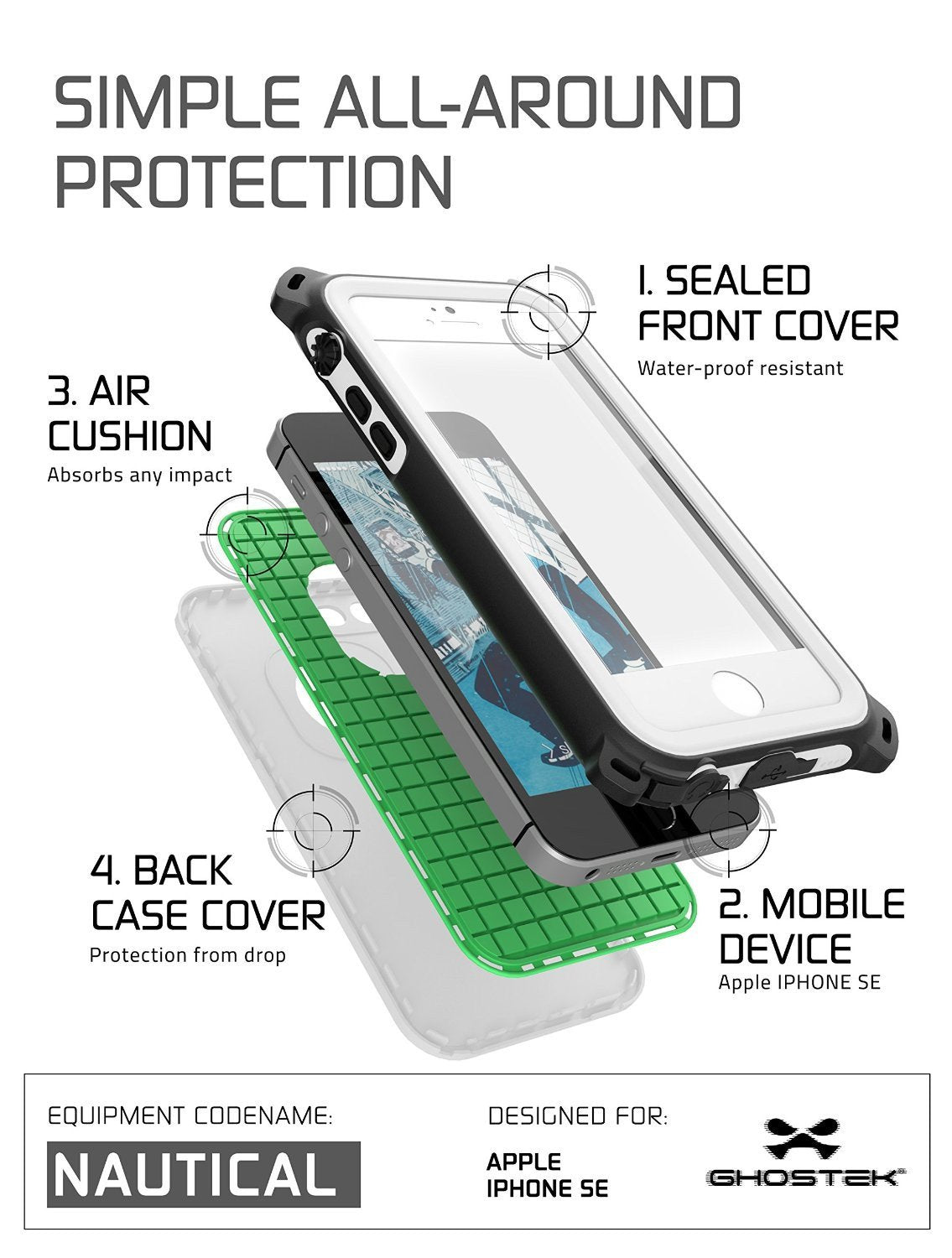 iPhone SE/5S/5 Waterproof Case, Ghostek® Nautical White Series| Underwater | Aluminum Frame
