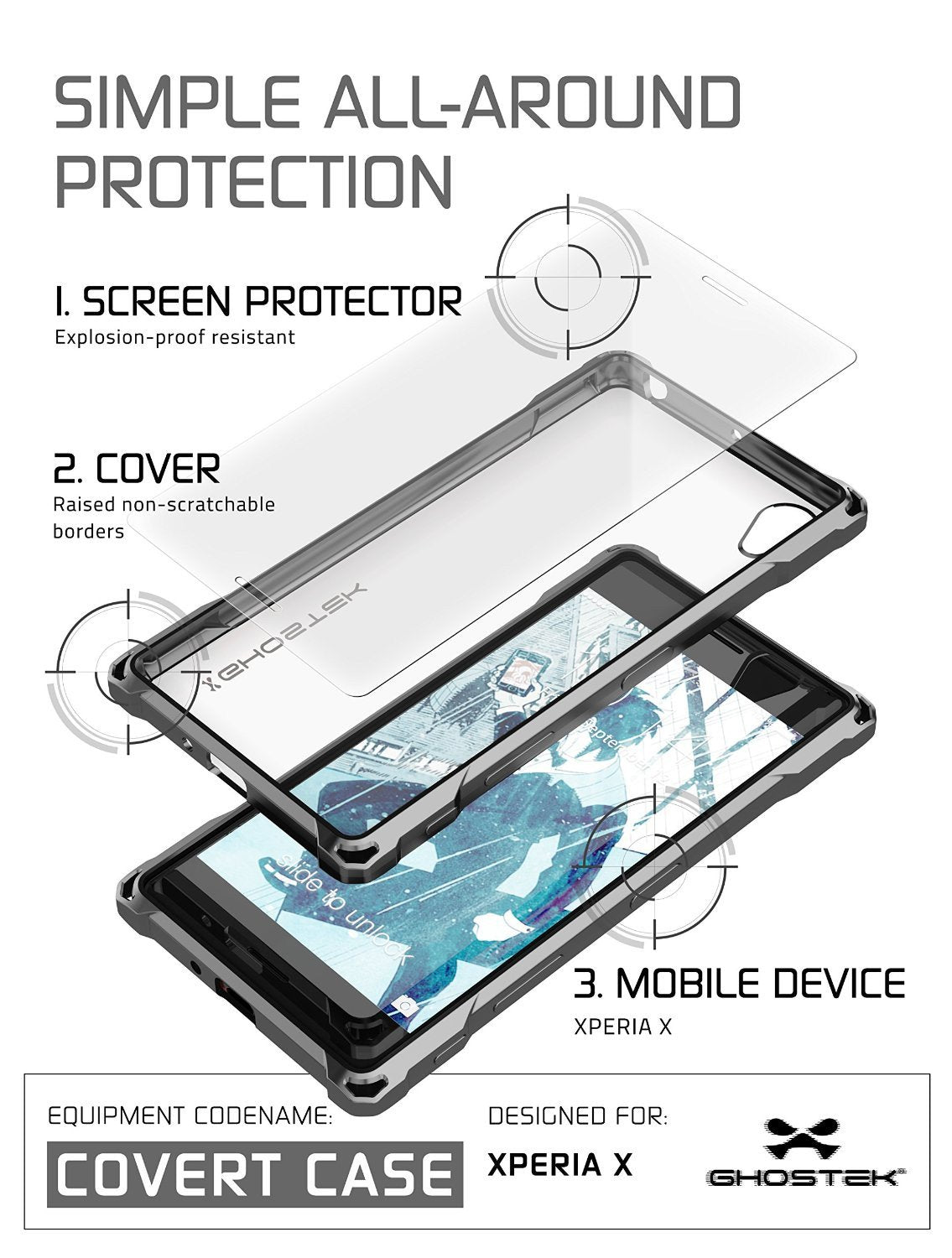 Xperia X Case, Ghostek Covert Dark Gray Series | Clear TPU | Warranty | Screen Protector | Ultra Fit