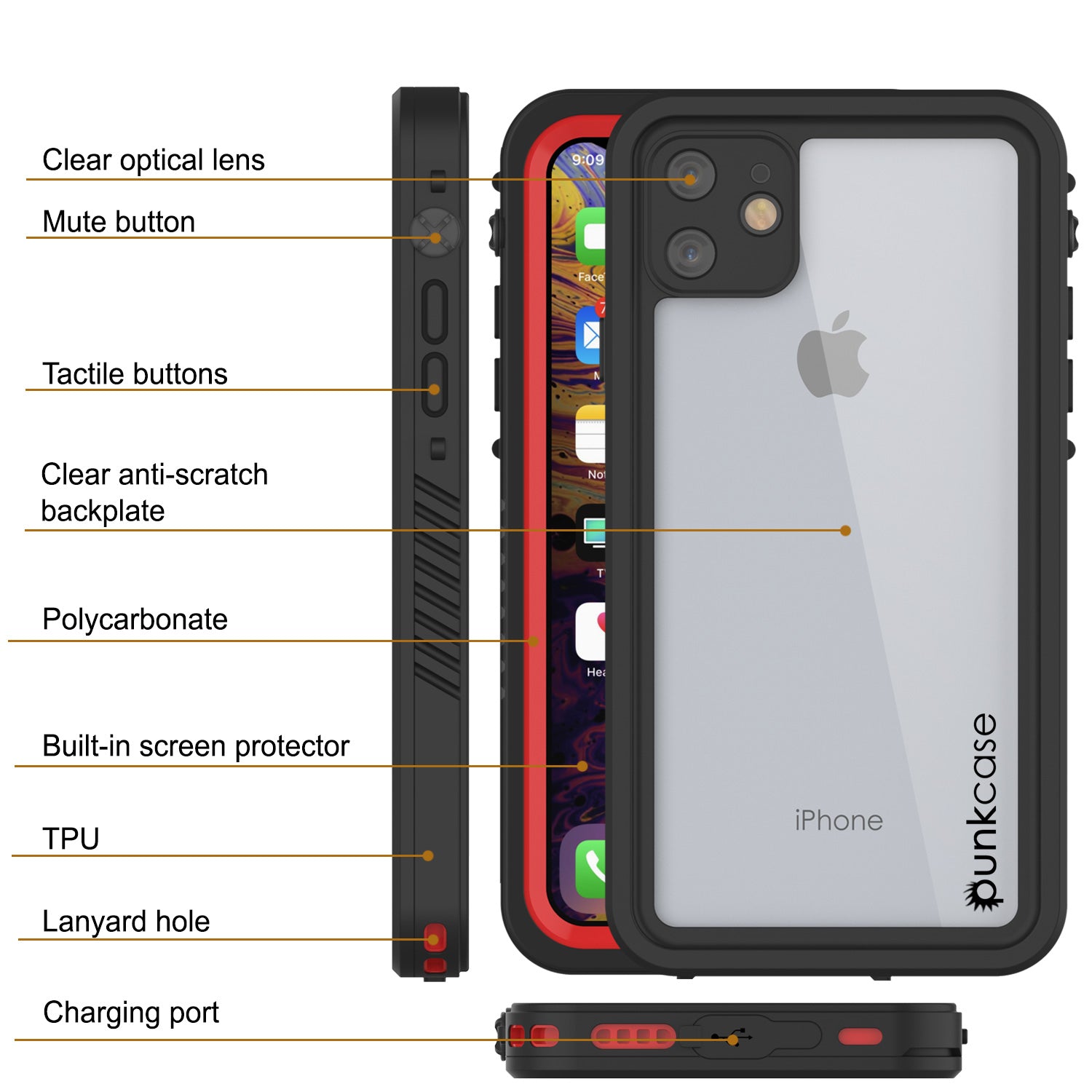 iPhone 11 Waterproof Case, Punkcase [Extreme Series] Armor Cover W/ Built In Screen Protector [Red]