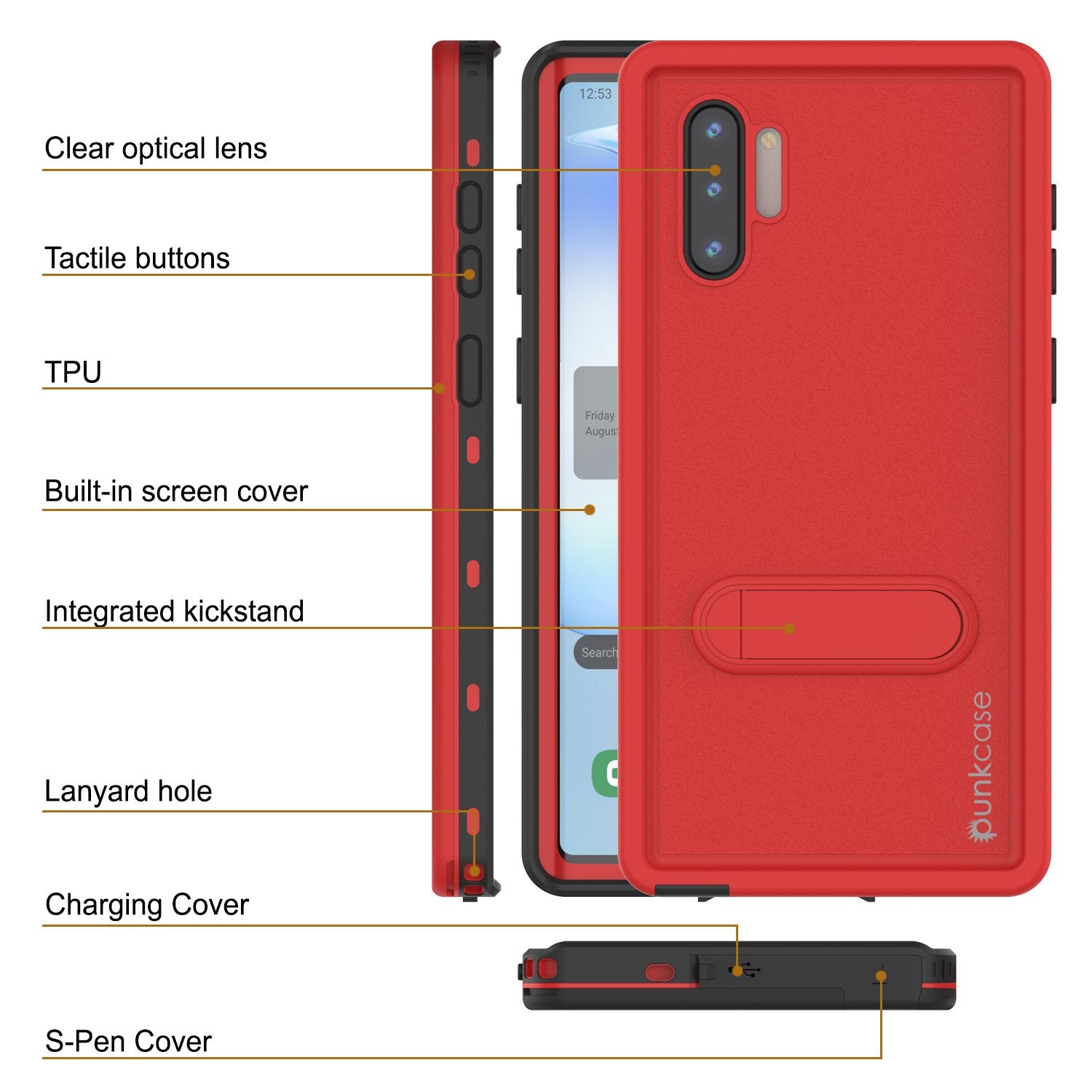 PunkCase Galaxy Note 10 Waterproof Case, [KickStud Series] Armor Cover [Red]