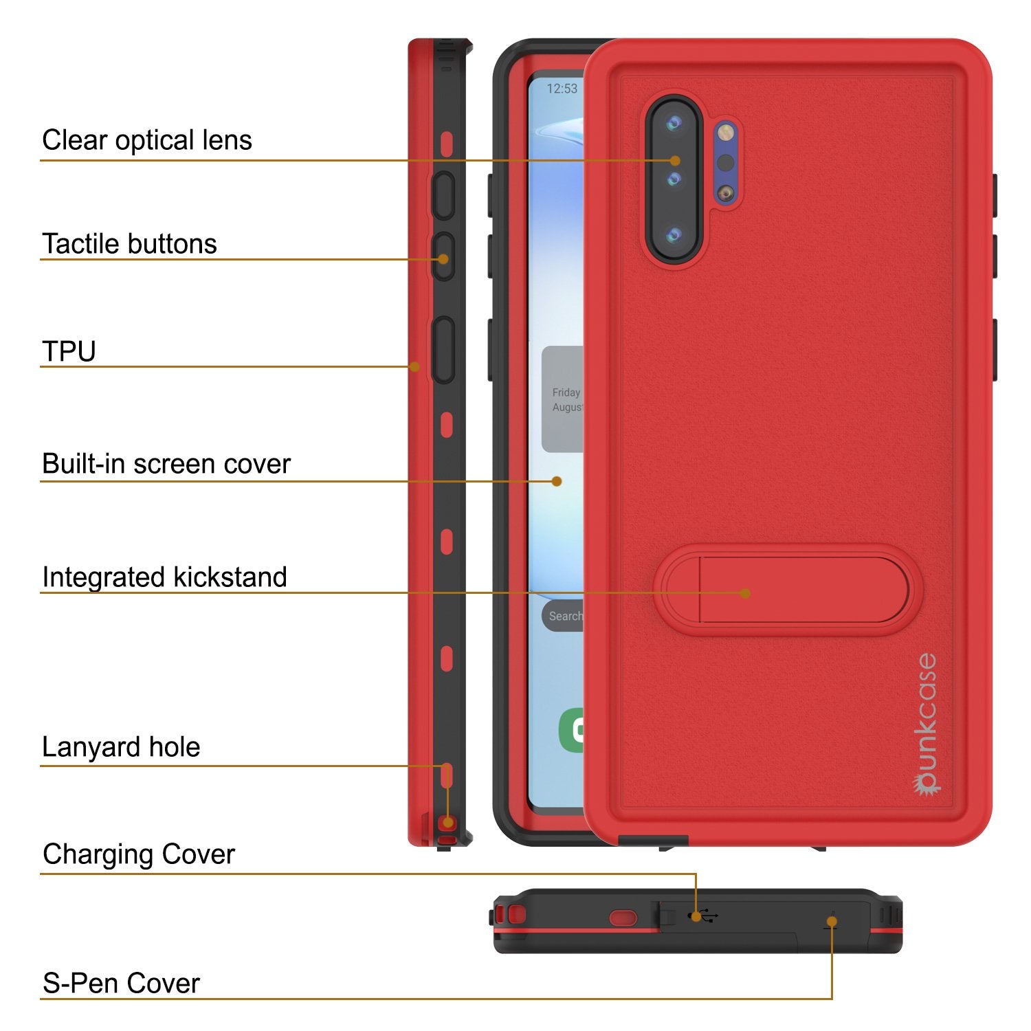 PunkCase Galaxy Note 10+ Plus Waterproof Case, [KickStud Series] Armor Cover [Red]