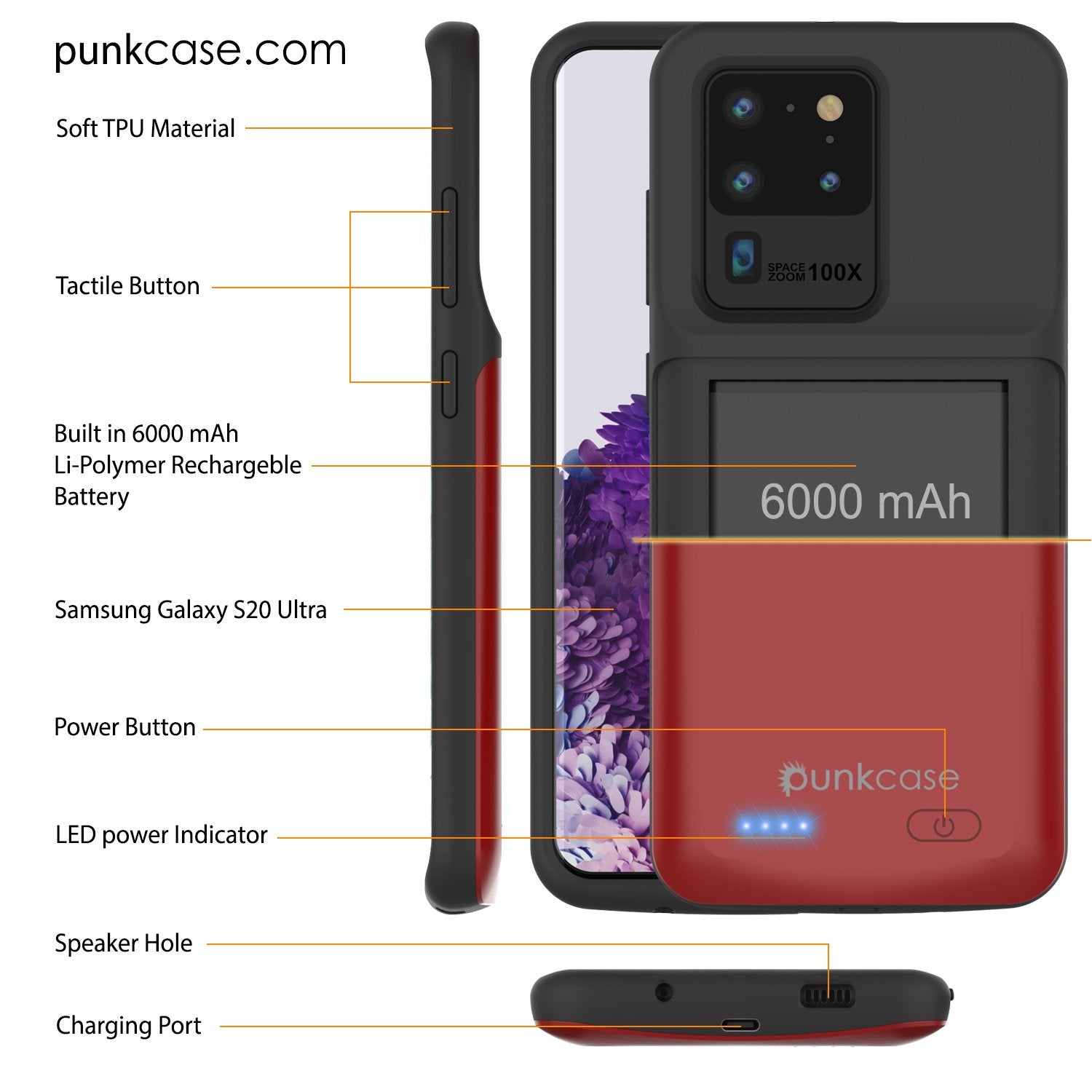 PunkJuice S20 Ultra Battery Case Red - Fast Charging Power Juice Bank with 6000mAh