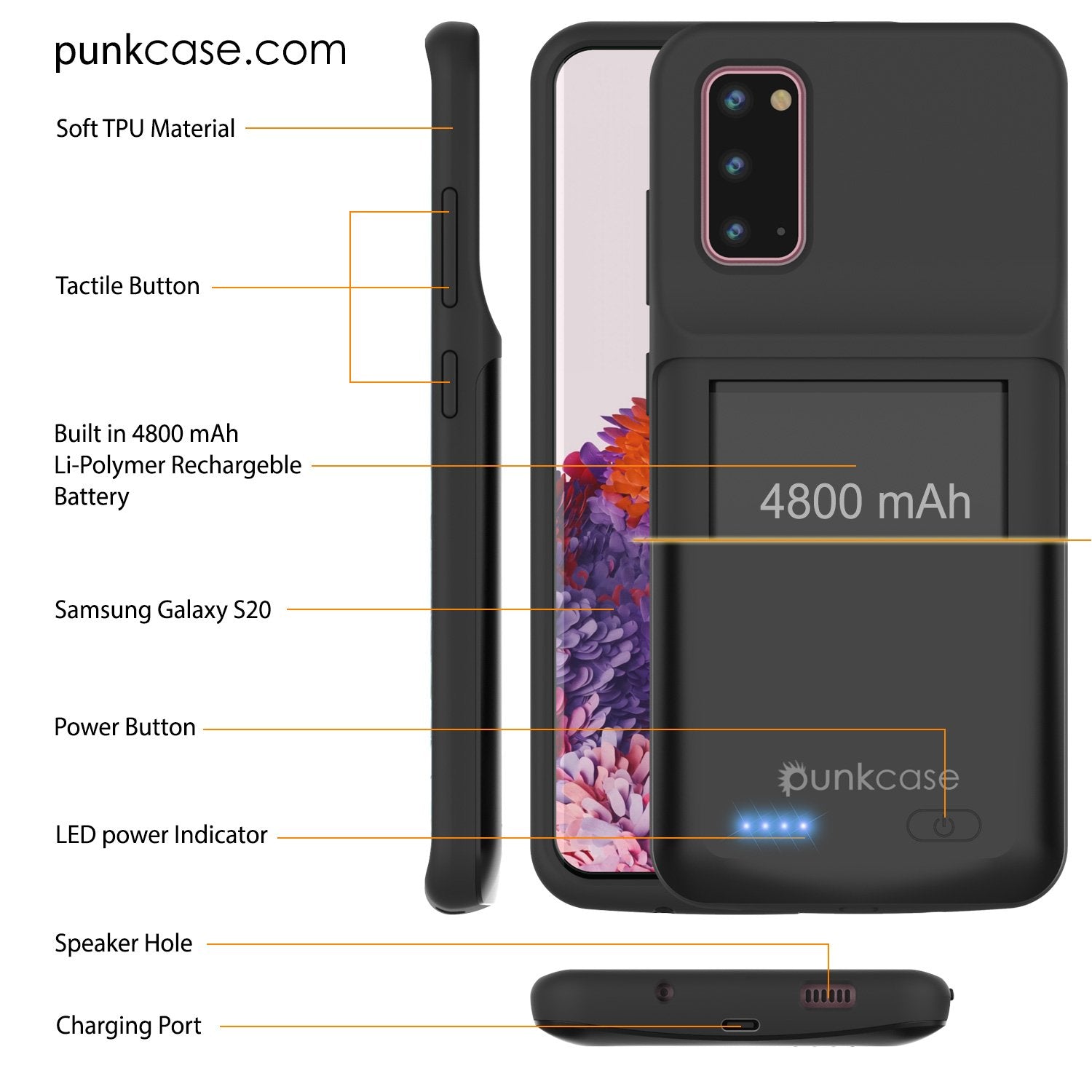 PunkJuice S20 Battery Case All Black - Fast Charging Power Juice Bank with 4800mAh