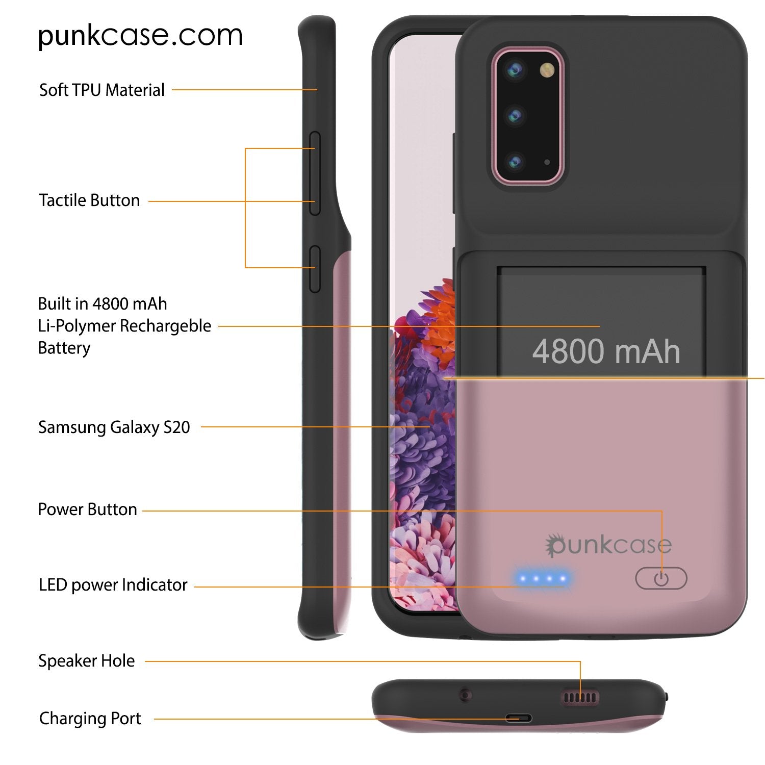 PunkJuice S20 Battery Case Rose - Fast Charging Power Juice Bank with 4800mAh