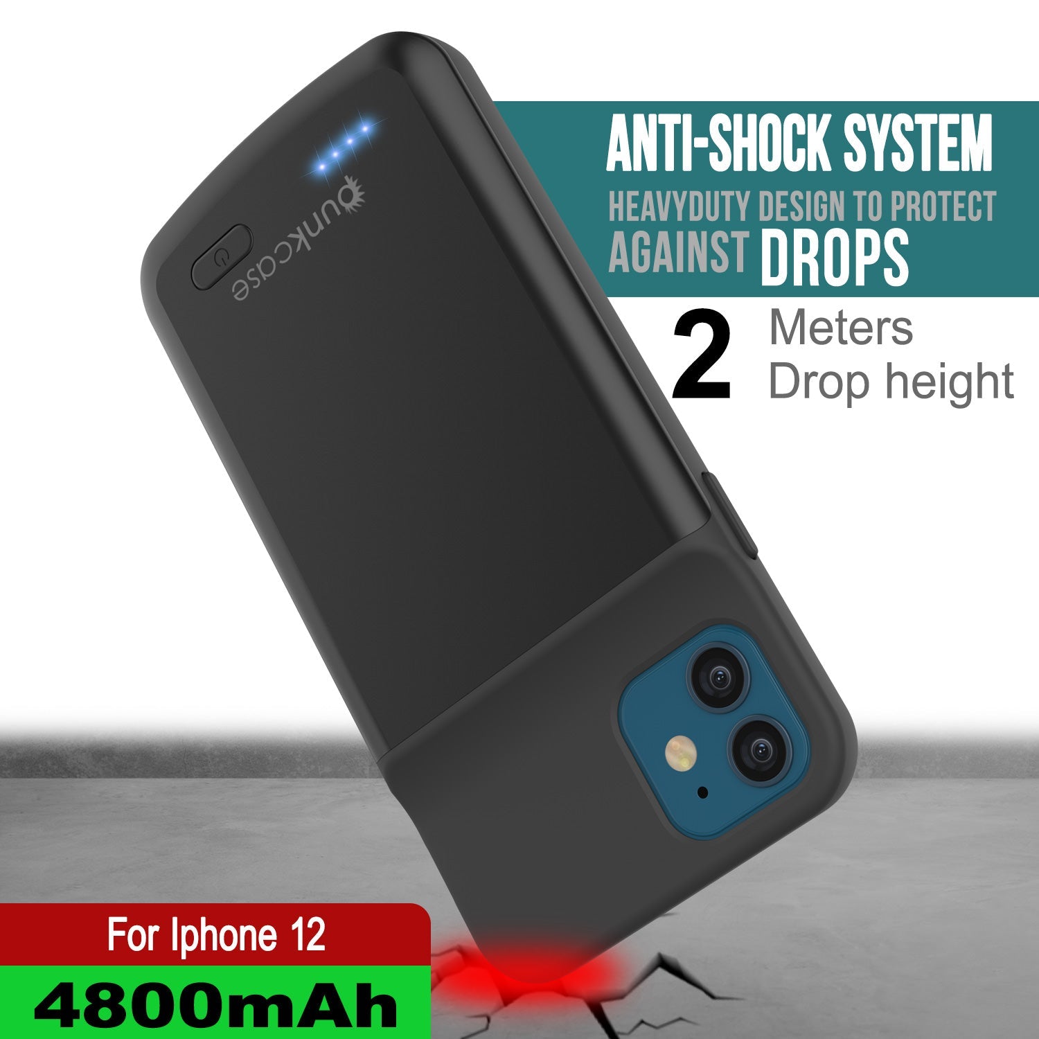 iPhone 12 Battery Case, PunkJuice 4800mAH Fast Charging Power Bank W/ Screen Protector | [Black]