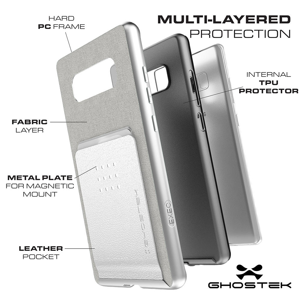 Galaxy Note 8 Case, Ghostek Exec 2 Slim Hybrid Impact Wallet Case for Samsung Galaxy Note 8 Armor | Silver
