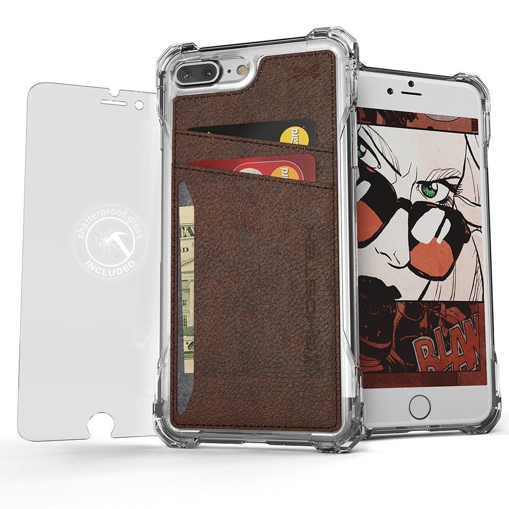 iPhone 7 Plus Wallet Case, Ghostek® Exec Series Slim Armor Hybrid Impact Bumper | TPU PU Leather Credit Card Slot Holder Sleeve Cover | (Brown)