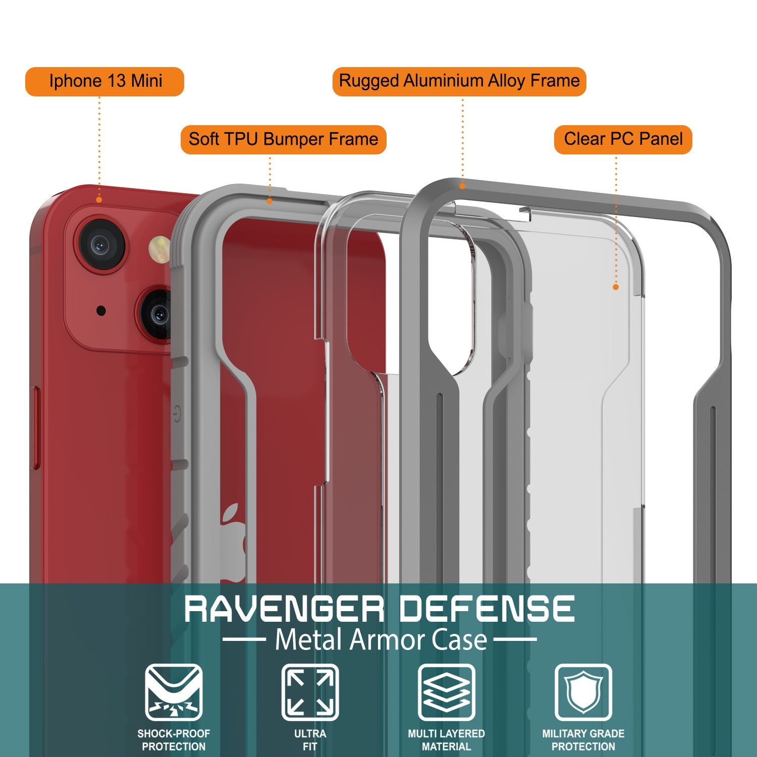 Punkcase iPhone 13 Mini ravenger Case Protective Military Grade Multilayer Cover [Grey]