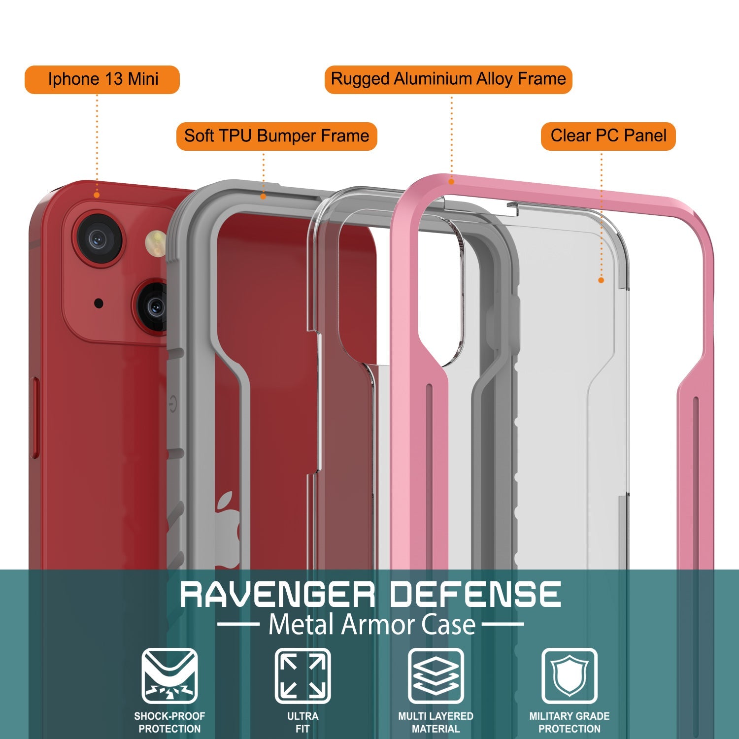 Punkcase iPhone 13 Mini ravenger Case Protective Military Grade Multilayer Cover [Rose-Gold]