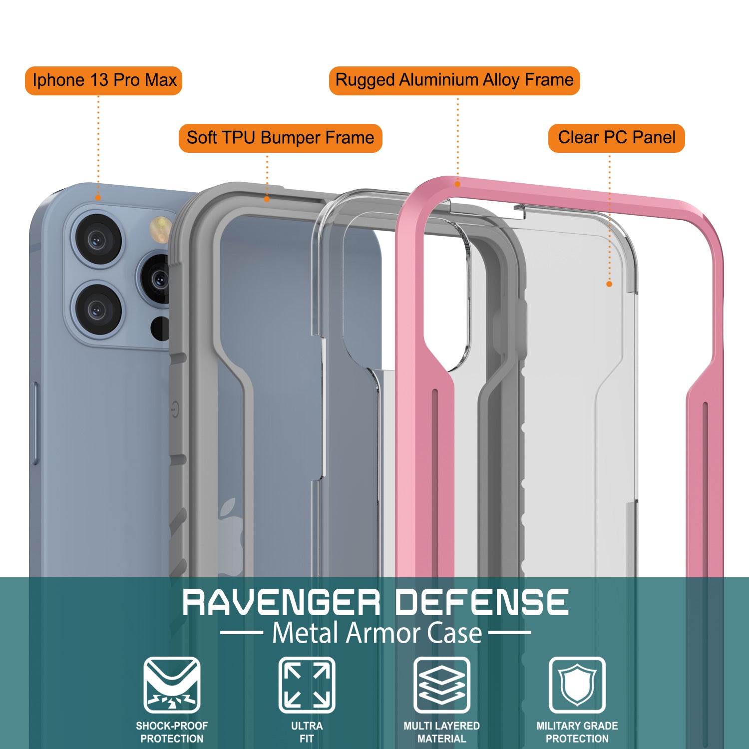 Punkcase iPhone 14 Pro Max Ravenger MAG Defense Case Protective Military Grade Multilayer Cover [Rose-Gold]