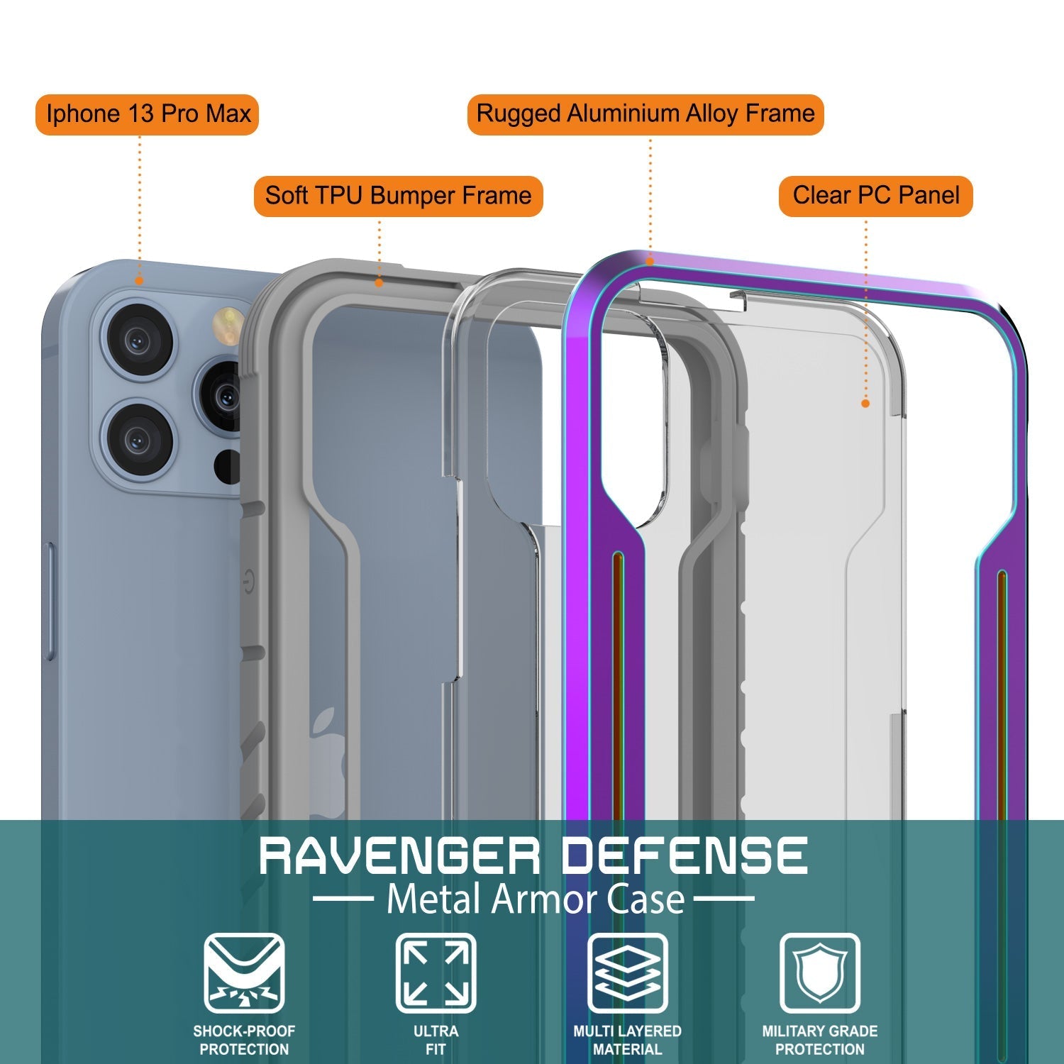 Punkcase iPhone 14 Pro Max Ravenger MAG Defense Case Protective Military Grade Multilayer Cover [Rainbow]