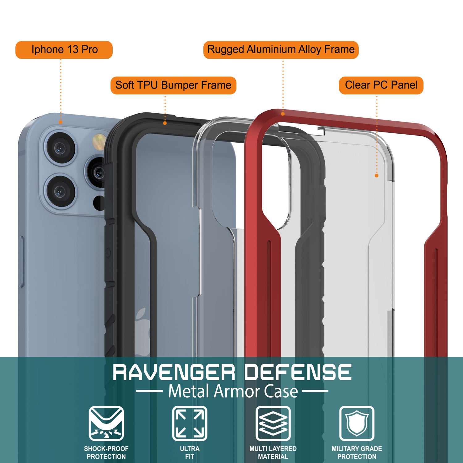 Punkcase iPhone 13 Pro ravenger Case Protective Military Grade Multilayer Cover [Red]