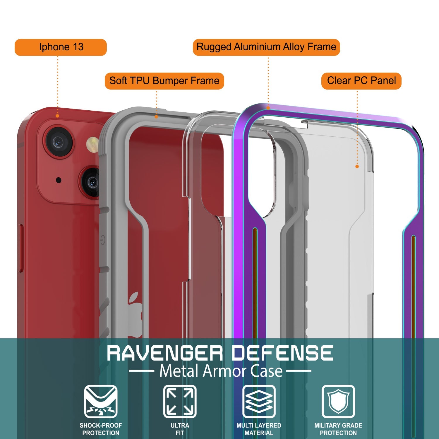 Punkcase iPhone 13 ravenger Case Protective Military Grade Multilayer Cover [Rainbow]