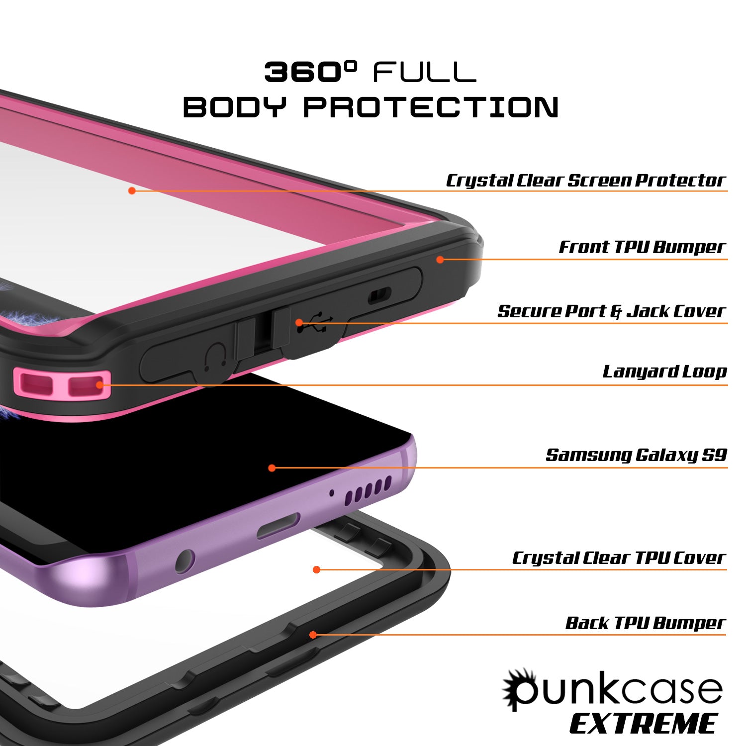 Galaxy S9 Water/Shock/Dirt proof Screen Protector Built Case [Pink]