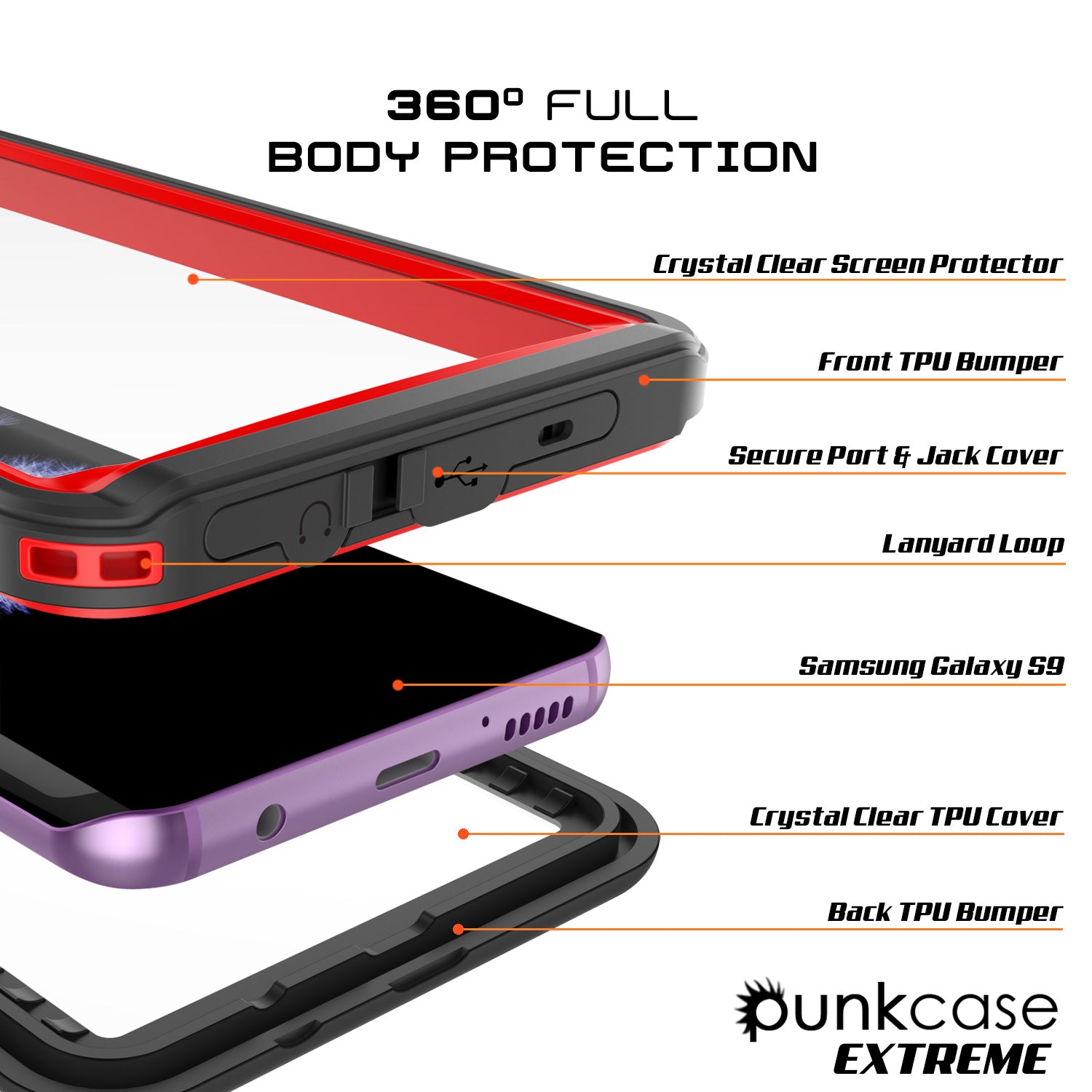 Galaxy S9 Plus Water/Shock/Snowproof Slim Screen Protector Case [Red]