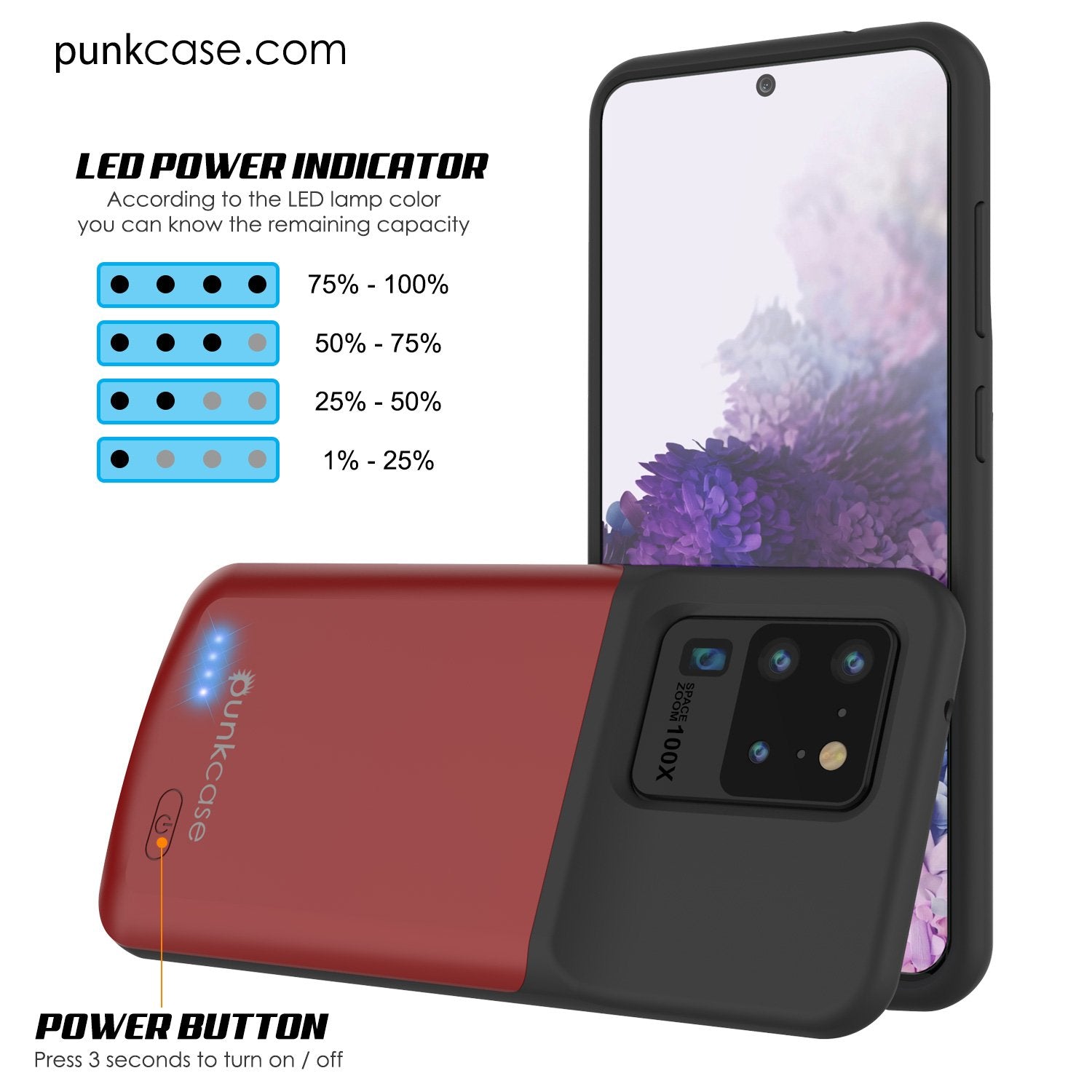 PunkJuice S20 Ultra Battery Case Red - Fast Charging Power Juice Bank with 6000mAh
