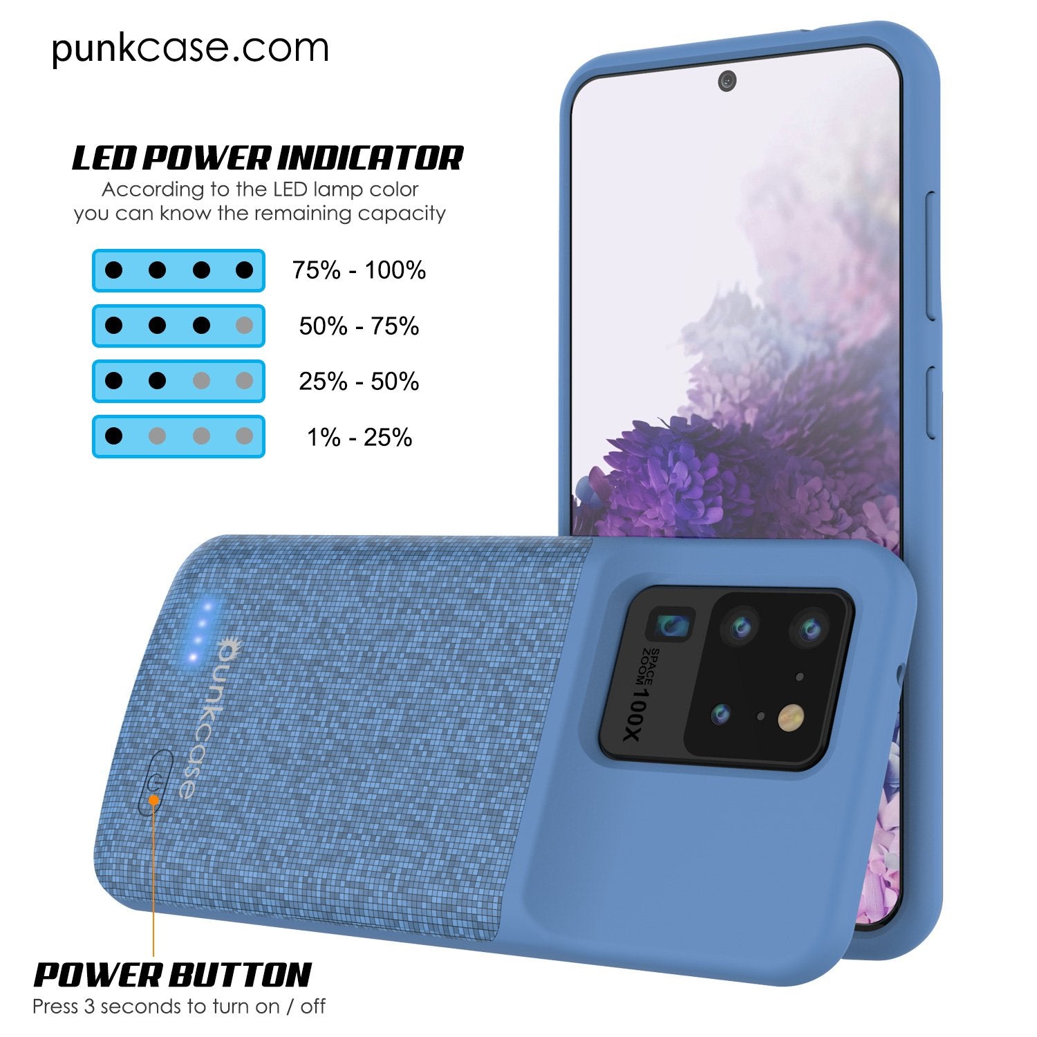 PunkJuice S20 Ultra Battery Case Patterned Blue - Fast Charging Power Juice Bank with 6000mAh