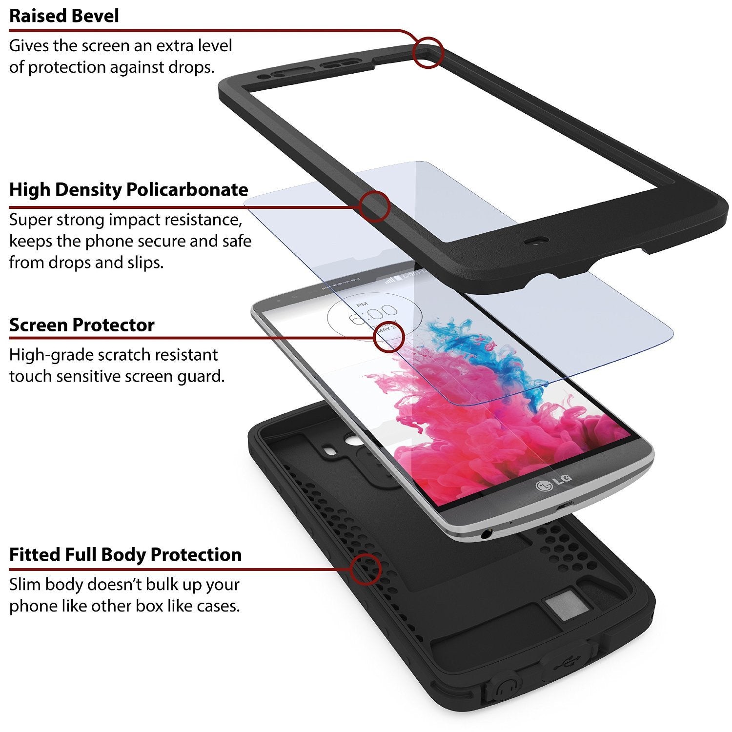 LG G3 Waterproof Case, Ghostek Atomic Black W/ Attached Screen Protector Fitted for LG G3