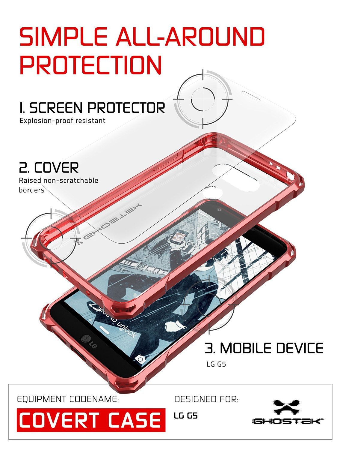 LG G5 Case, Ghostek® Red Covert Premium Slim Hybrid Protective Cover | Lifetime Warranty Exchange