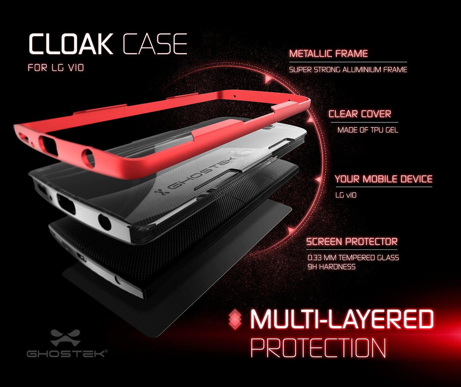 LG V10 Case, Ghostek® Cloak Red Slim Hybrid Impact Armor Cover | Lifetime Warranty Exchange
