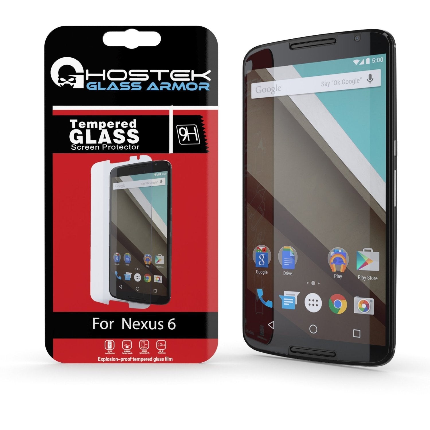 NEXUS 6 Screen Protector, Ghostek Glass Armor Tempered Glass Screen Protector 0.33mm Thick 9H Glass