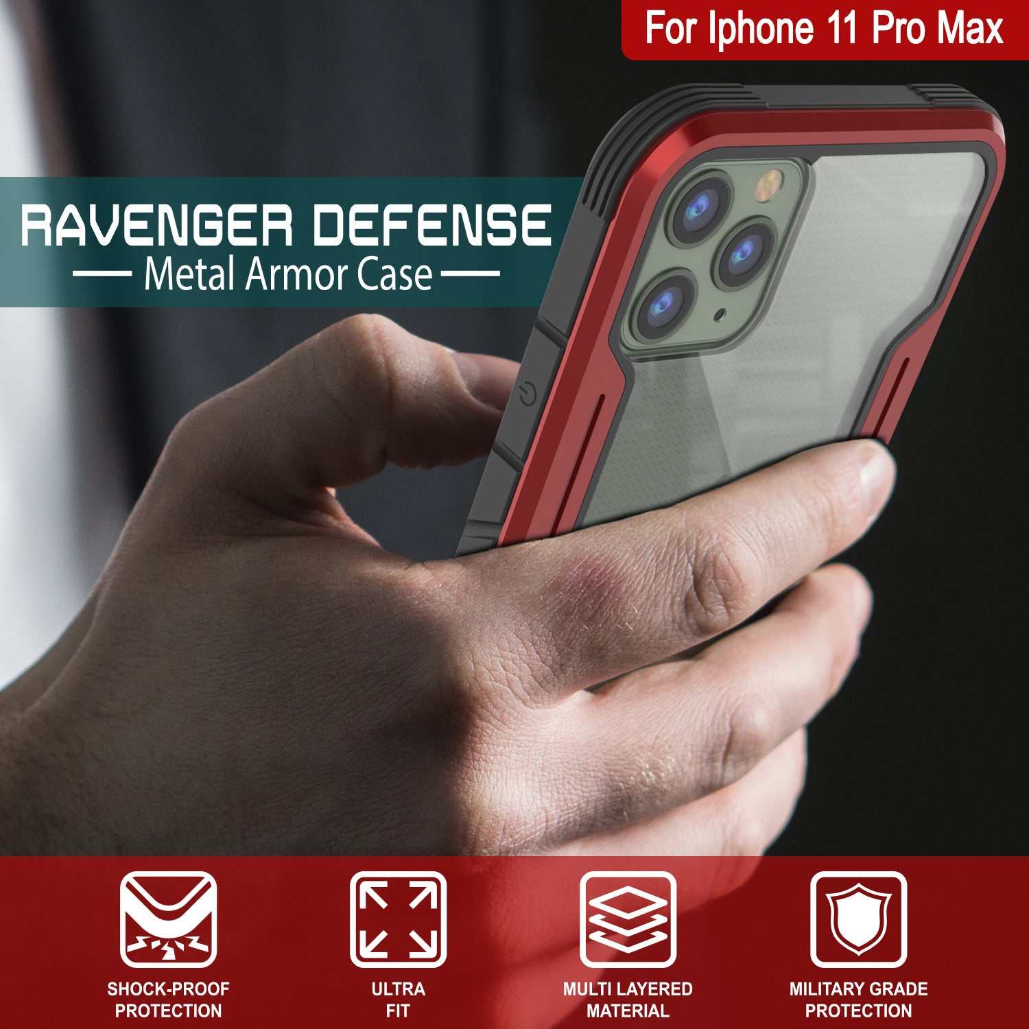Punkcase iPhone 11 Pro Max ravenger Case Protective Military Grade Multilayer Cover [Red]