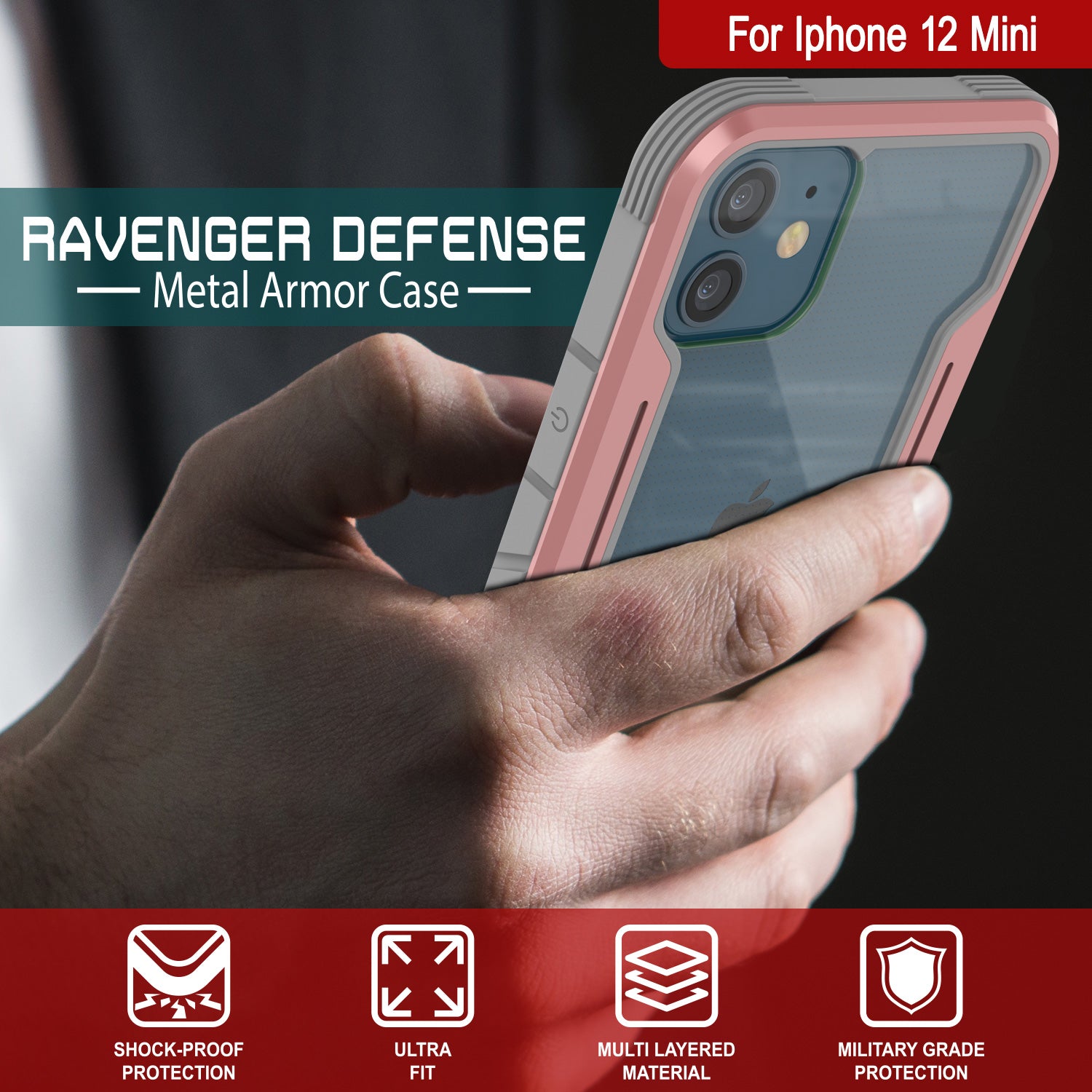 Punkcase iPhone 12 Mini ravenger Case Protective Military Grade Multilayer Cover [Rose-Gold]