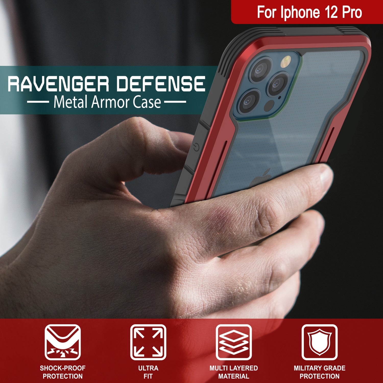 Punkcase iPhone 12 Pro ravenger Case Protective Military Grade Multilayer Cover [Red]
