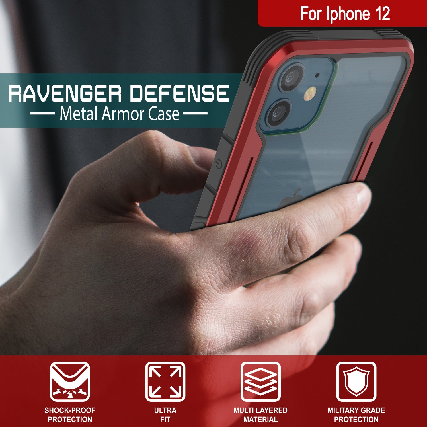 Punkcase iPhone 12 ravenger Case Protective Military Grade Multilayer Cover [Red]