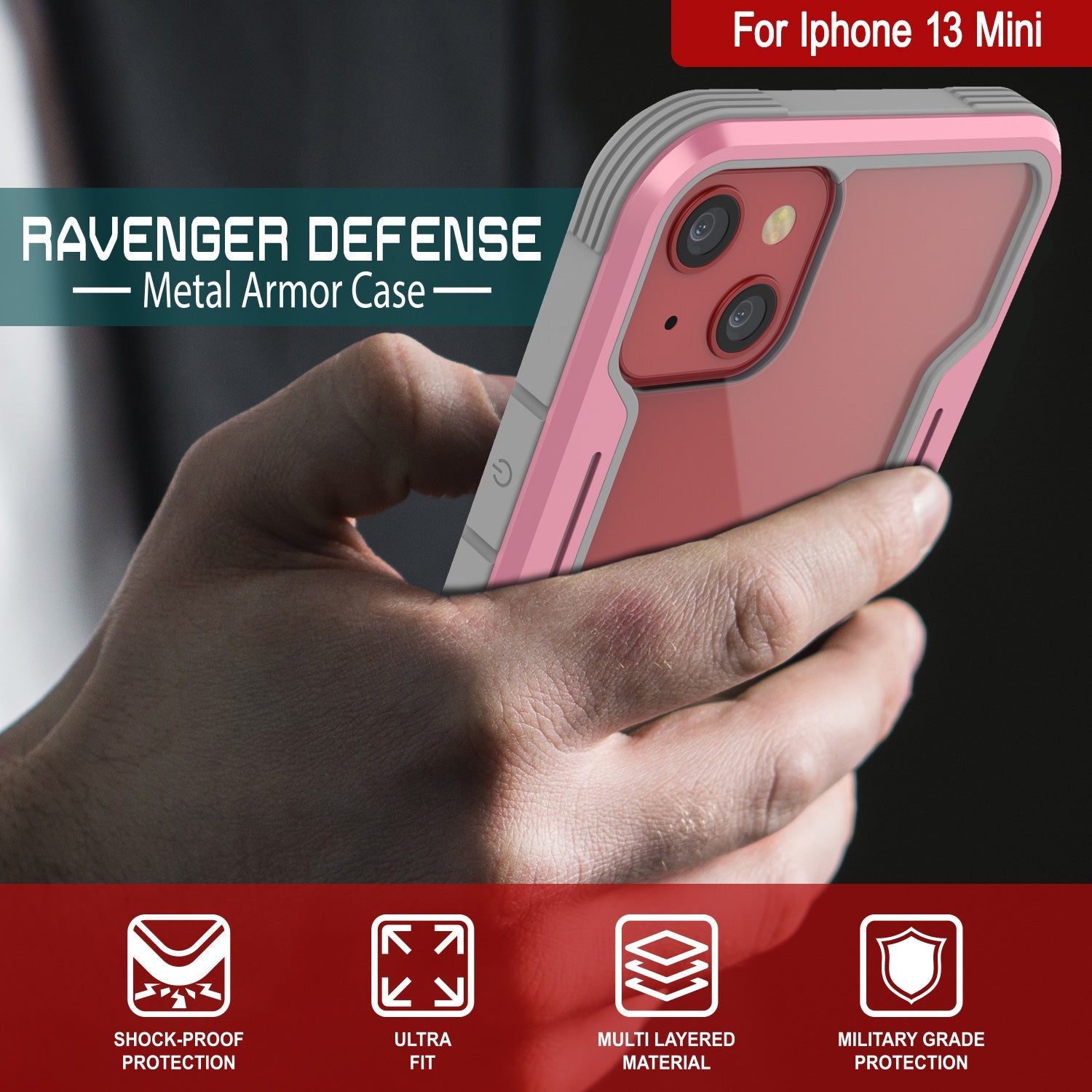 Punkcase iPhone 13 Mini ravenger Case Protective Military Grade Multilayer Cover [Rose-Gold]