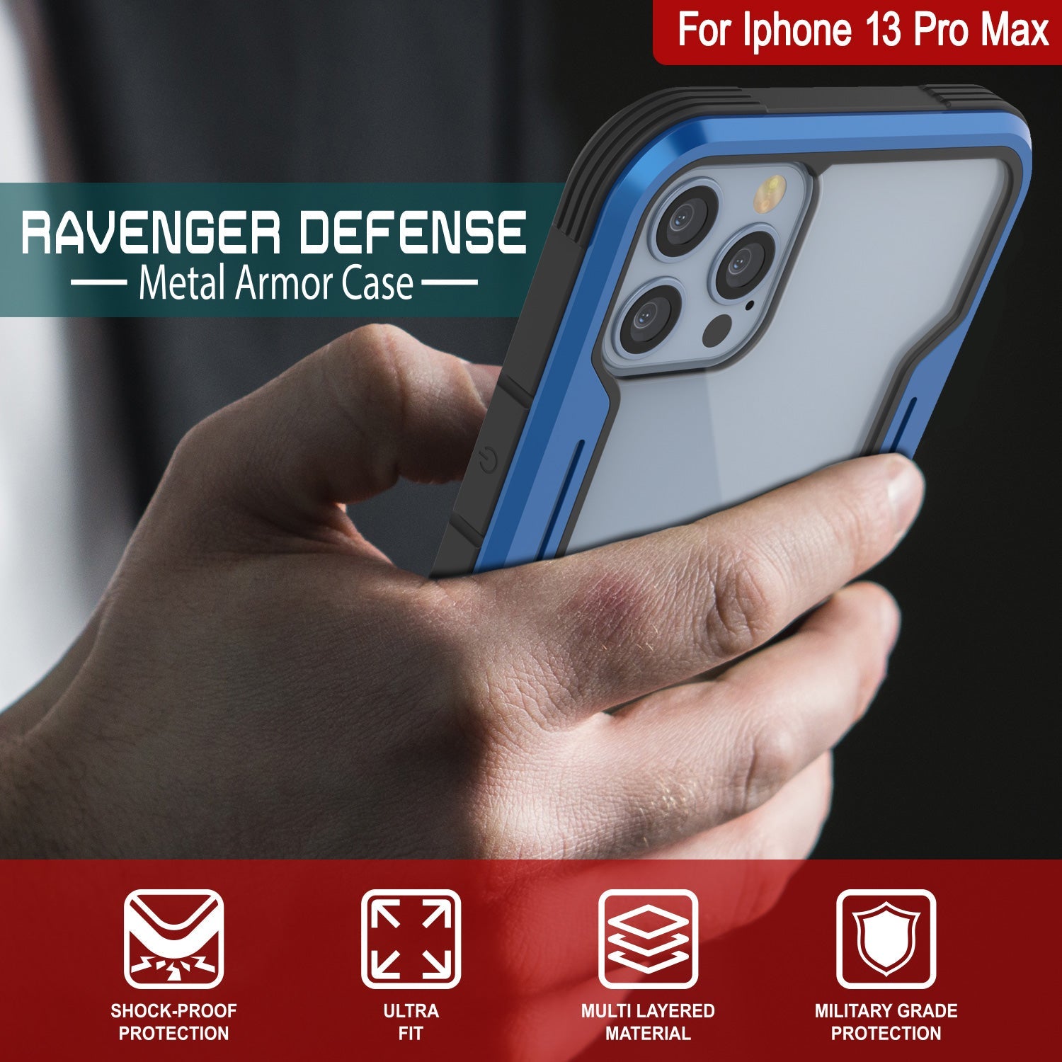 Punkcase iPhone 13 Pro Max ravenger Case Protective Military Grade Multilayer Cover [Navy Blue]