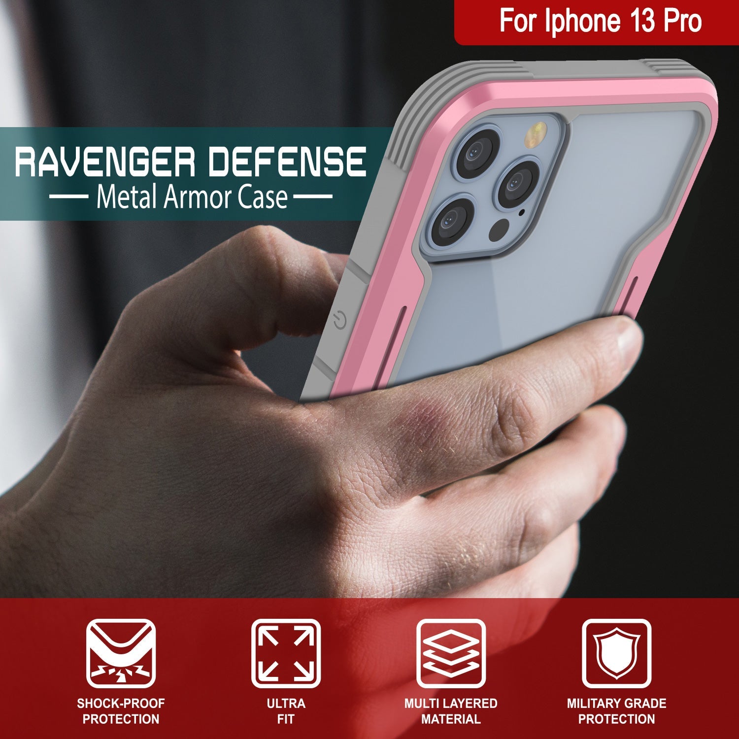 Punkcase iPhone 13 Pro ravenger Case Protective Military Grade Multilayer Cover [Rose-Gold]