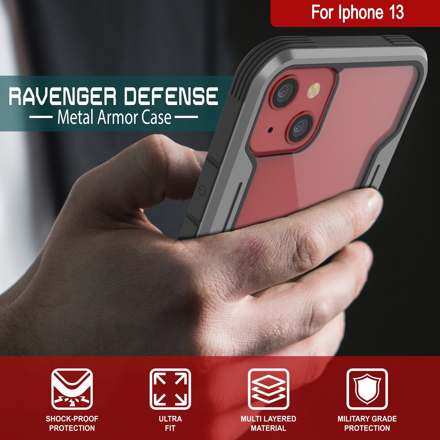 Punkcase iPhone 13 ravenger Case Protective Military Grade Multilayer Cover [Grey-Black]