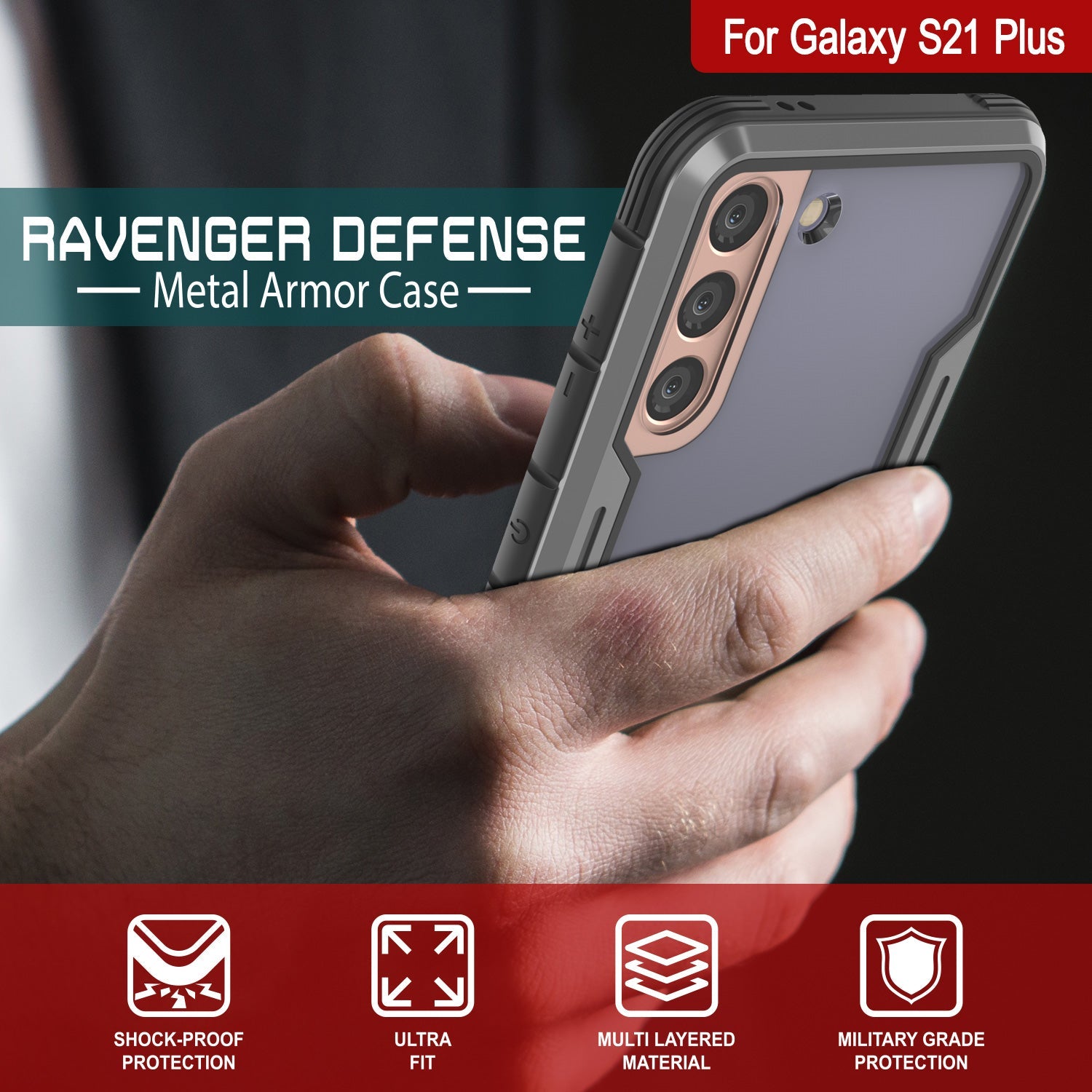 Punkcase S21+ Plus ravenger Case Protective Military Grade Multilayer Cover [Grey-Black]
