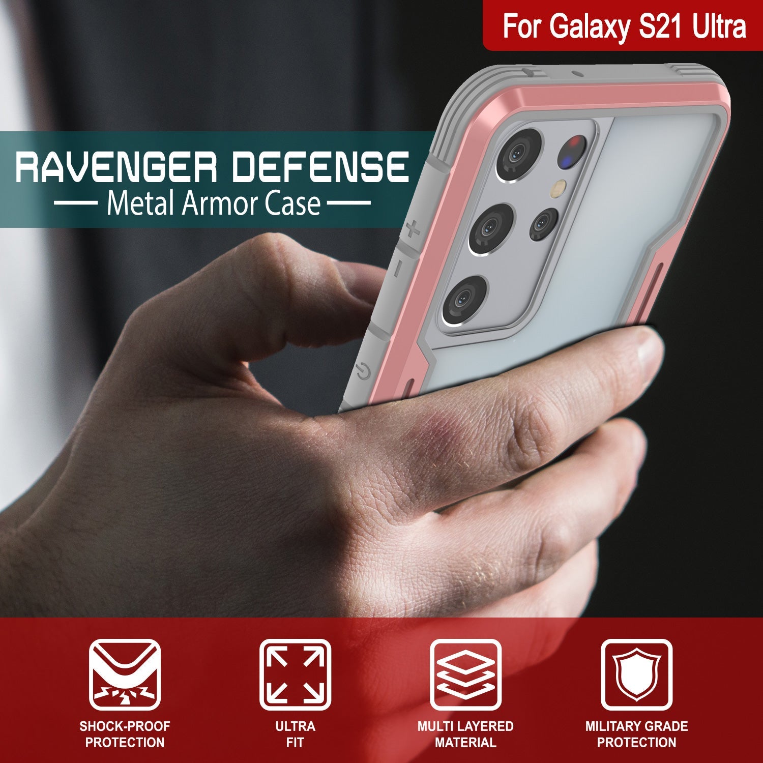 Punkcase S21 Ultra ravenger Case Protective Military Grade Multilayer Cover [Rose-Gold]