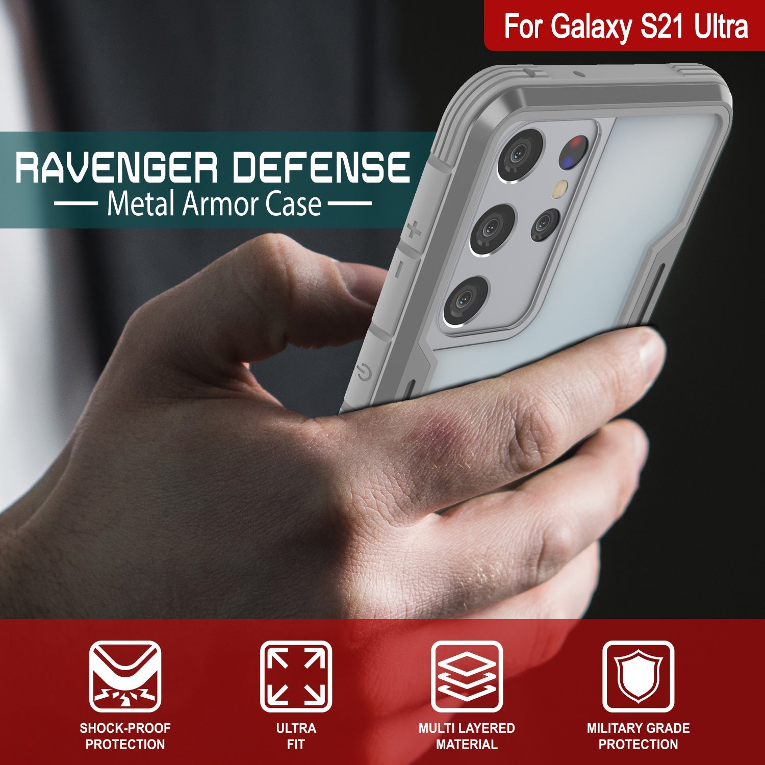 Punkcase S21 Ultra ravenger Case Protective Military Grade Multilayer Cover [Grey]