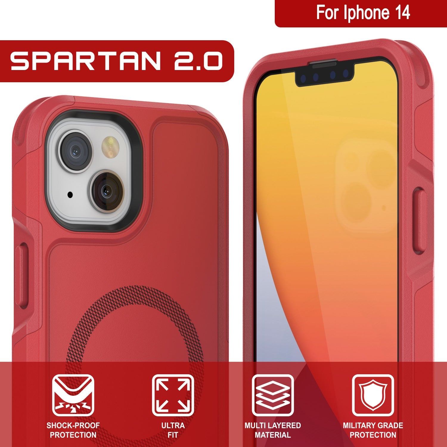 PunkCase iPhone 14 Case, [Spartan 2.0 Series] Clear Rugged Heavy Duty Cover W/Built in Screen Protector [Red]