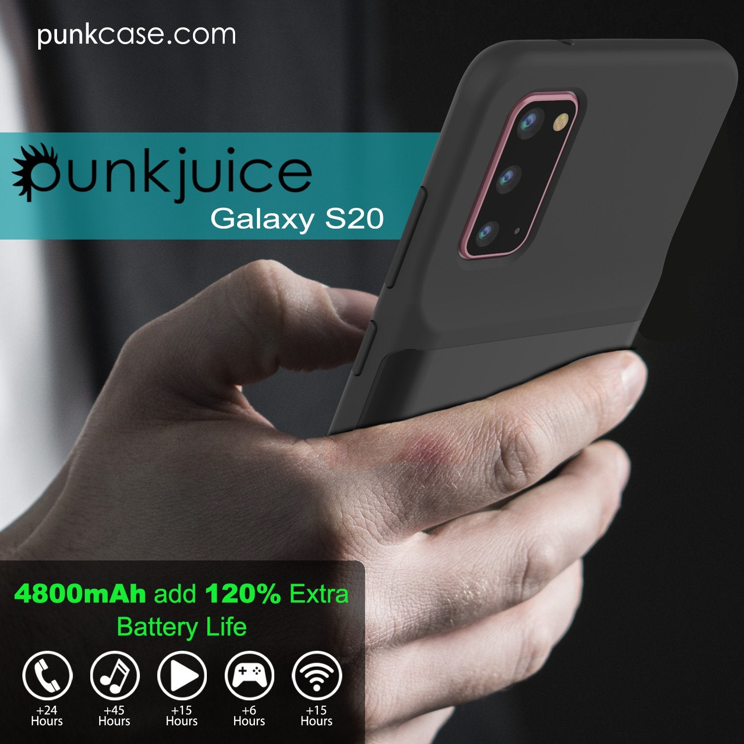 PunkJuice S20 Battery Case All Black - Fast Charging Power Juice Bank with 4800mAh