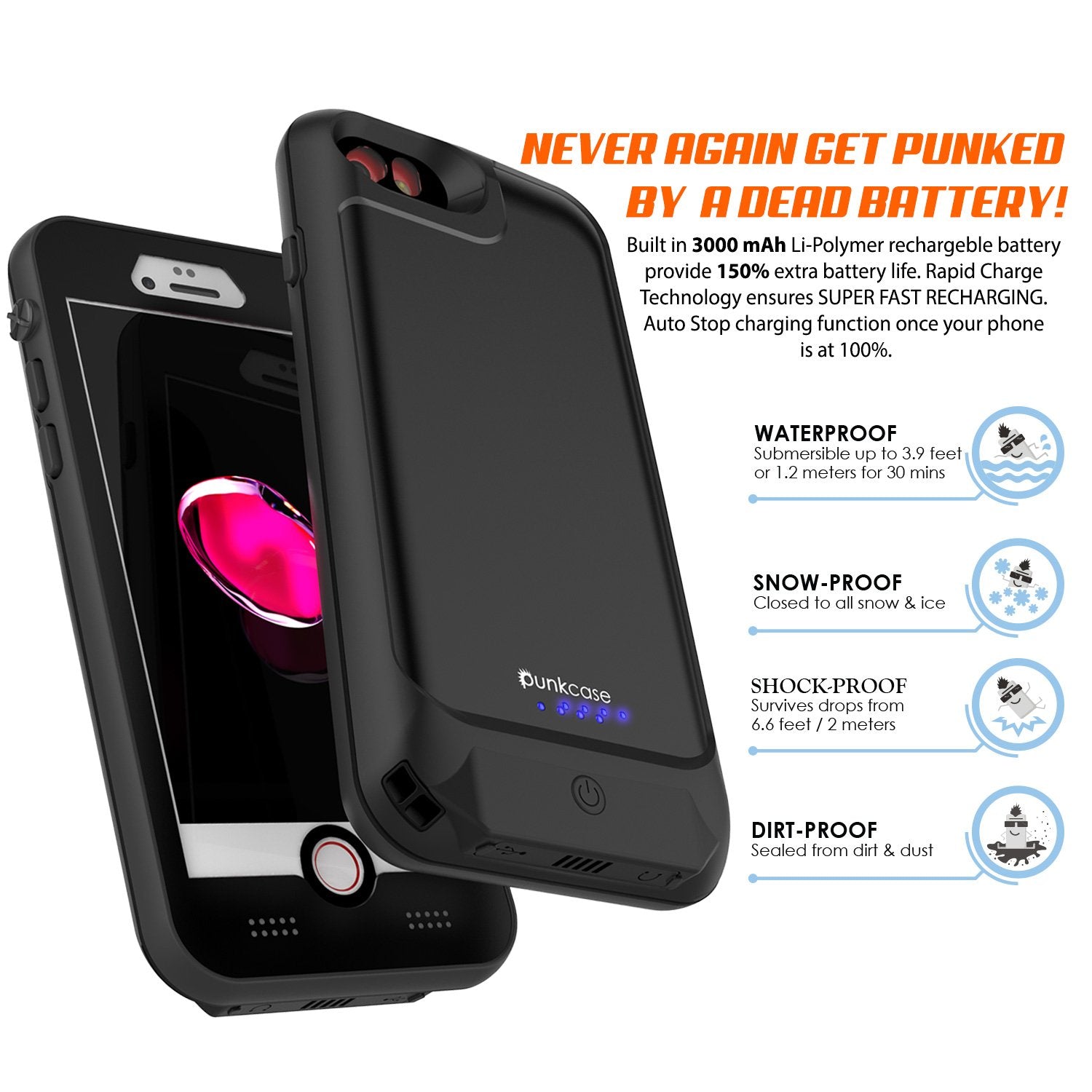 PunkJuice iPhone 7 Battery Case Black - Waterproof Slim Portable Power Juice Bank with 2750mAh High Capacity - Fastcharging - 120% Extra Battery Life - 3 Year EXCHANGE WARRANTY