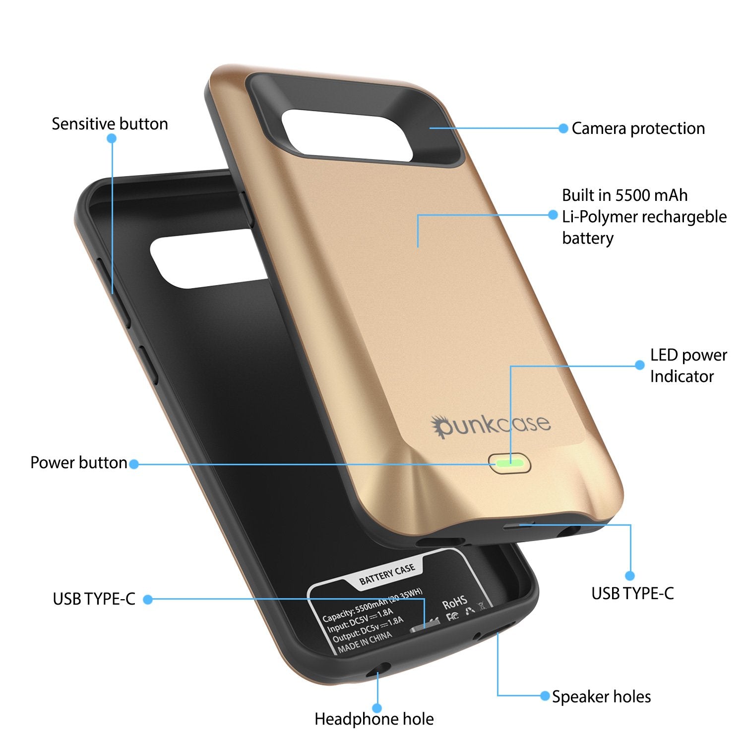 Galaxy S8 PLUS 5000mAH Battery Charger W/ USB Port Slim Case [Gold]