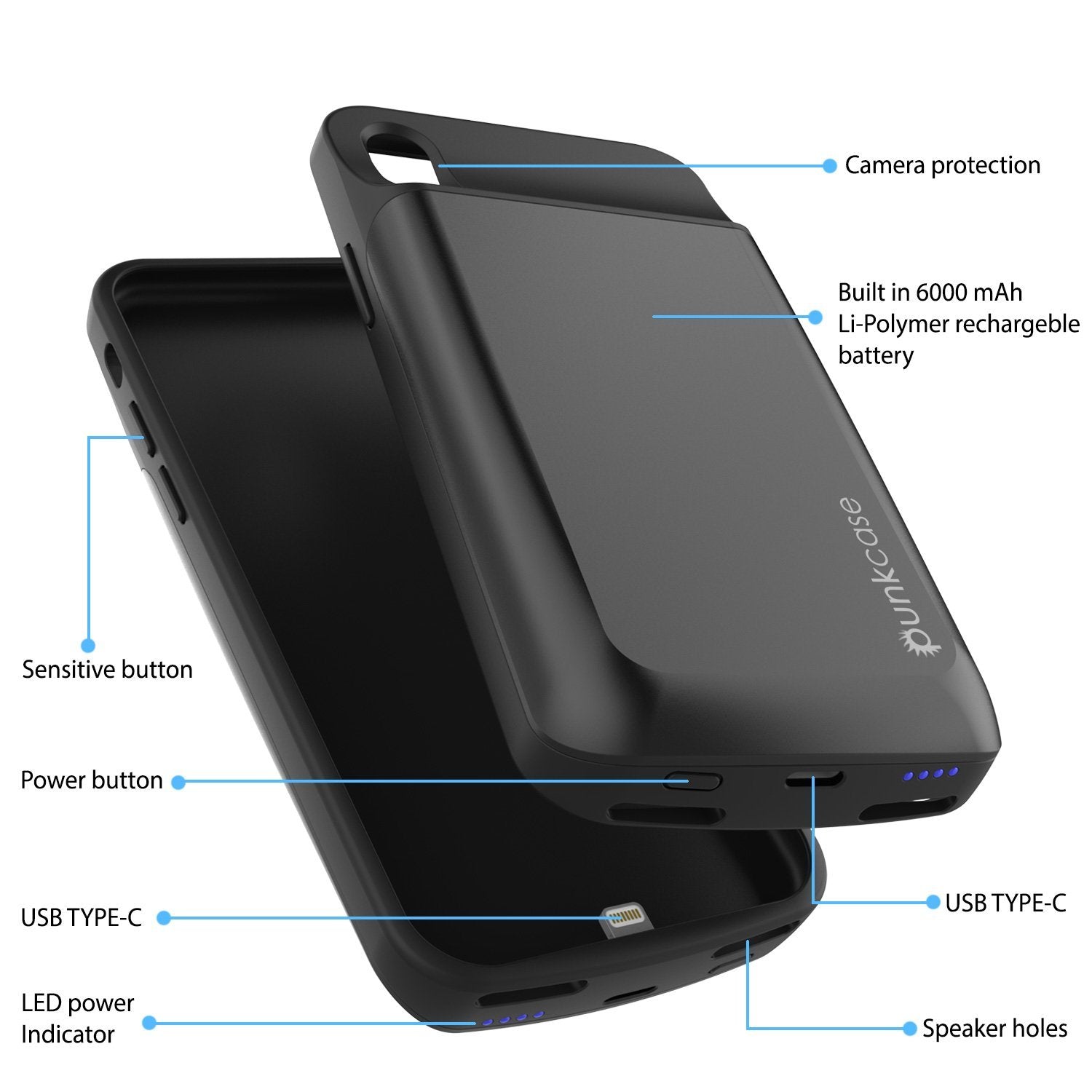 iphone XR Battery Case, PunkJuice 5000mAH Fast Charging Power Bank W/ Screen Protector | [Black]