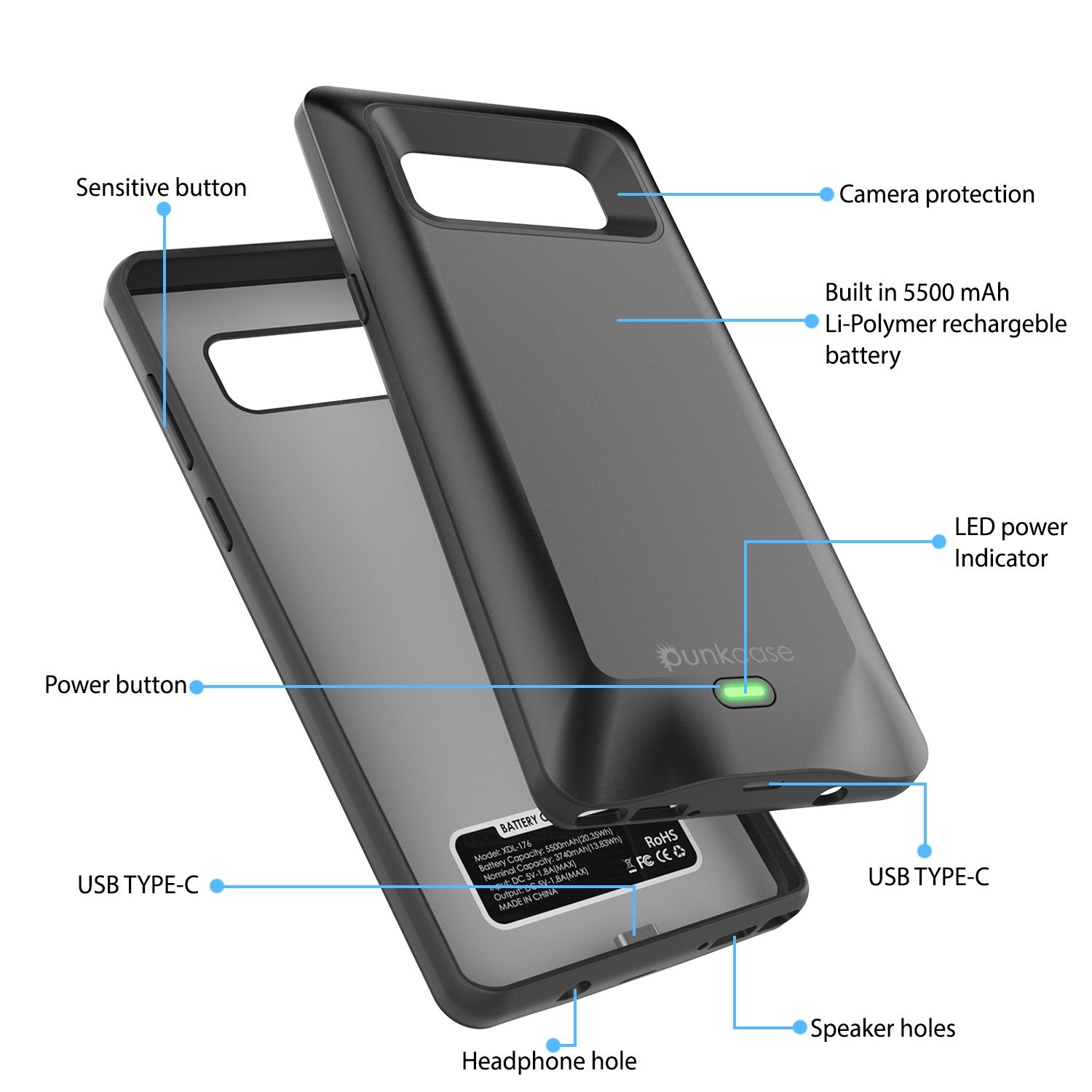 Galaxy Note 8 5000mAH Battery Charger Case W/ Screen Protector [Black]