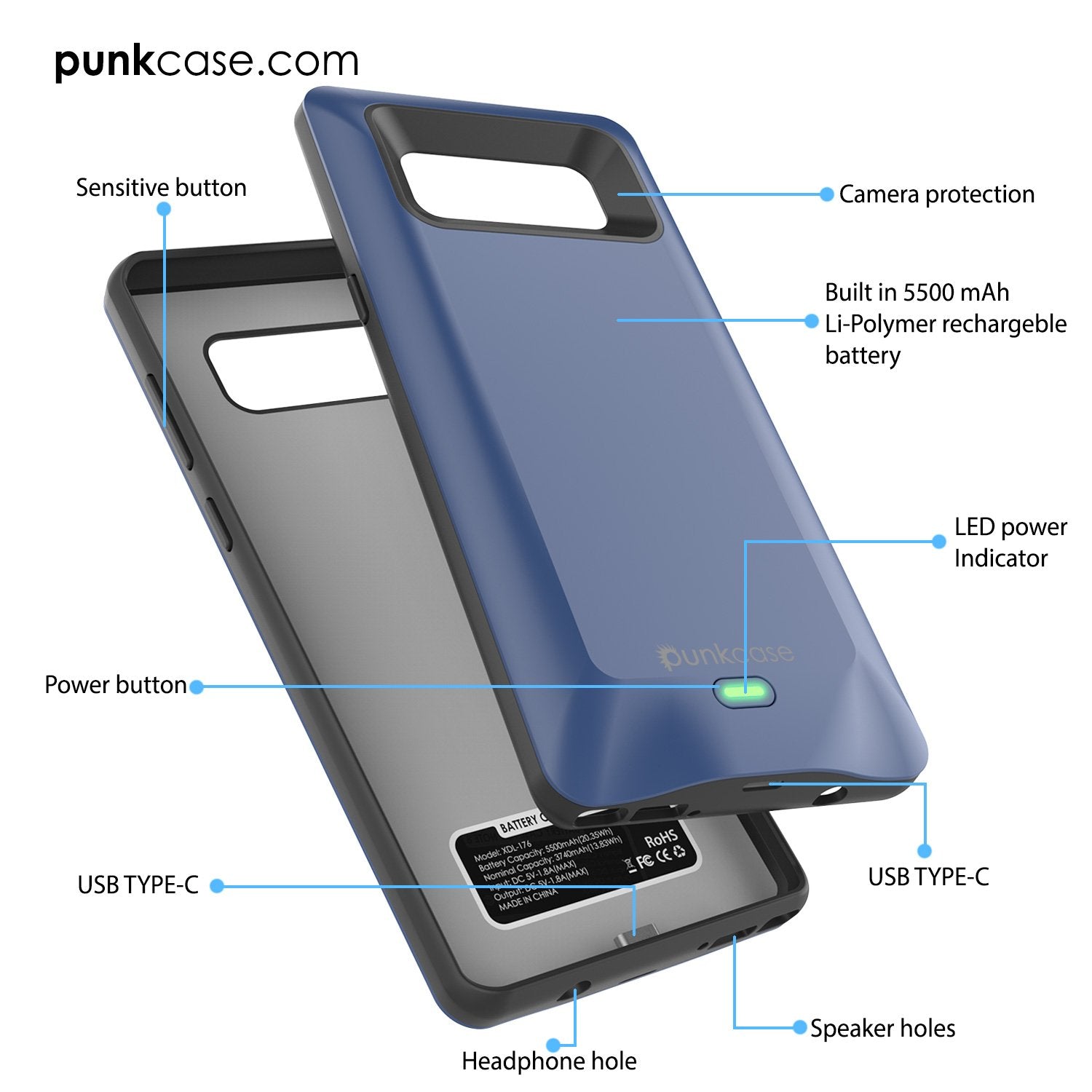 Galaxy Note 8 5000mAH Battery Charger Case W/ Screen Protector [Blue]